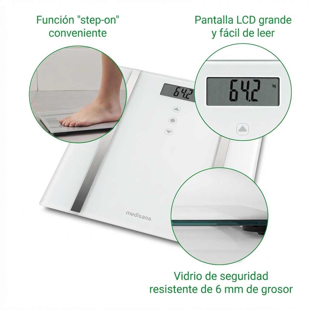 Witte digitale weegschaal met step-on functie, LCD-display (64,2 kg) en glazen oppervlak.