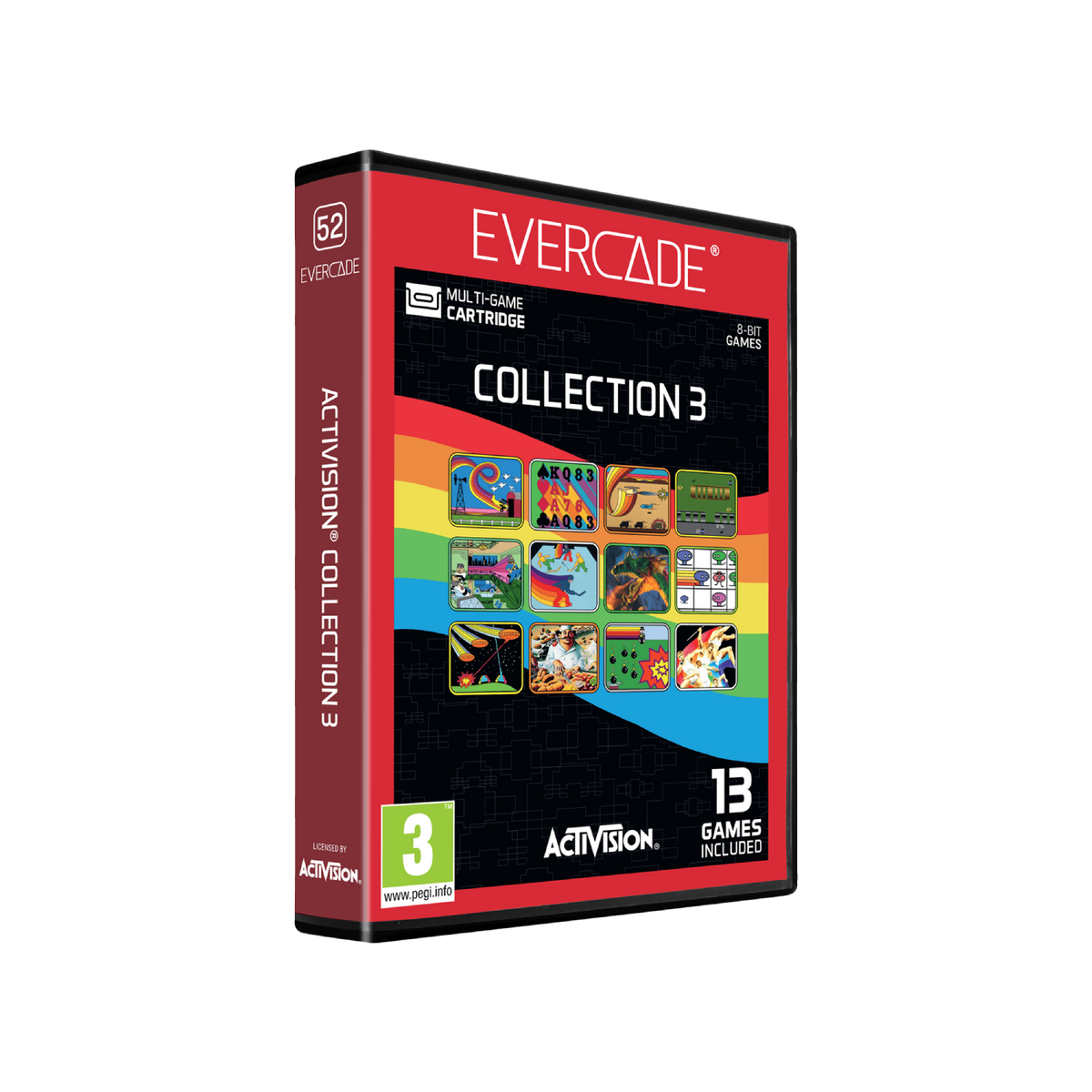 Custodia gioco Evercade Collection 3 con 13 giochi a 8 bit e logo Activision.