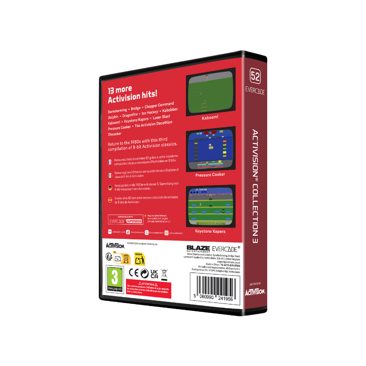 Retro di una scatola di gioco Activision Collection 3 per Evercade, con titoli e screenshot.