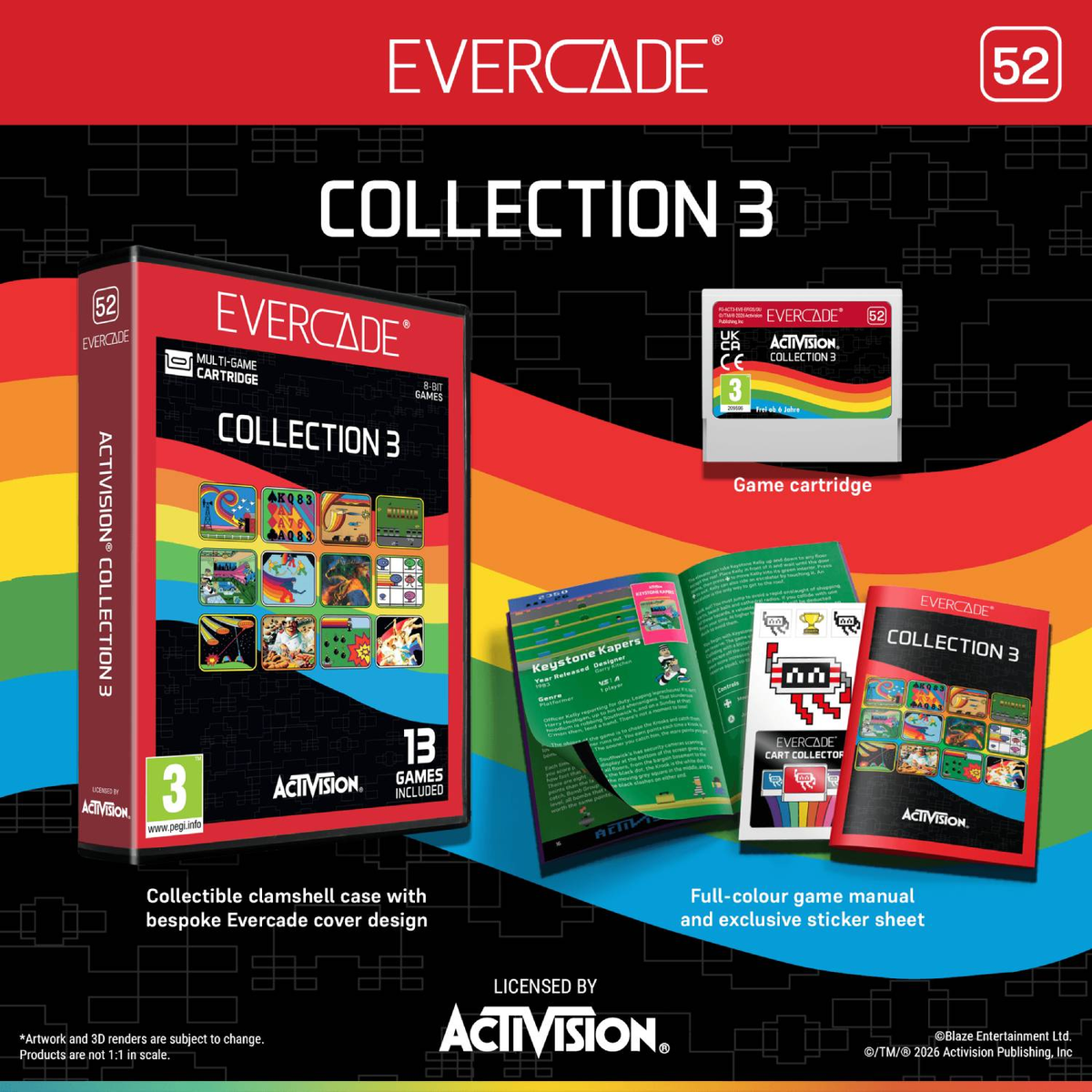 Evercade Collection 3: custodia a conchiglia, cartuccia, manuale, foglio adesivi. 13 giochi inclusi.