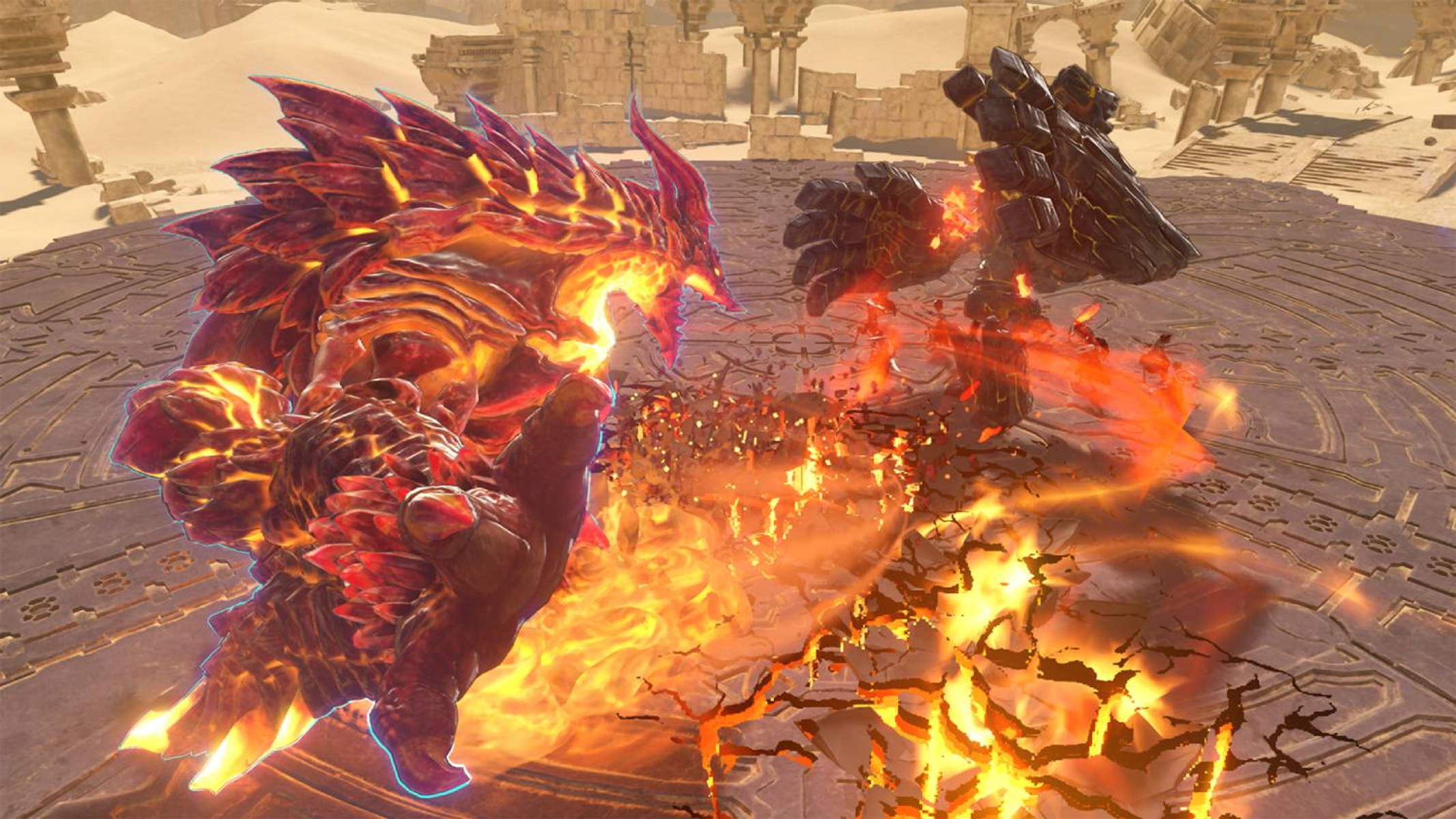 Dos elementales de fuego luchan entre ruinas desérticas.