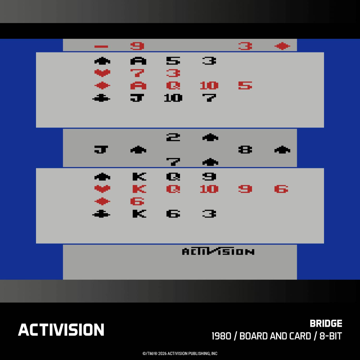 Il gioco retrò "Bridge" di Activision mostra layout di carte con numeri e simboli.