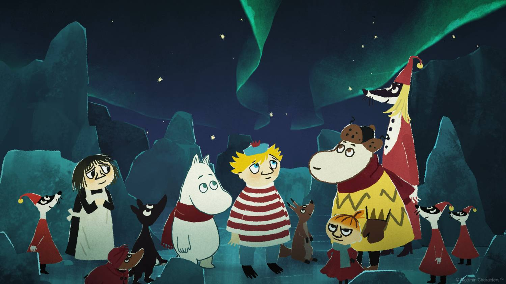 Personajes de Moomin bajo la aurora boreal con rocas heladas.