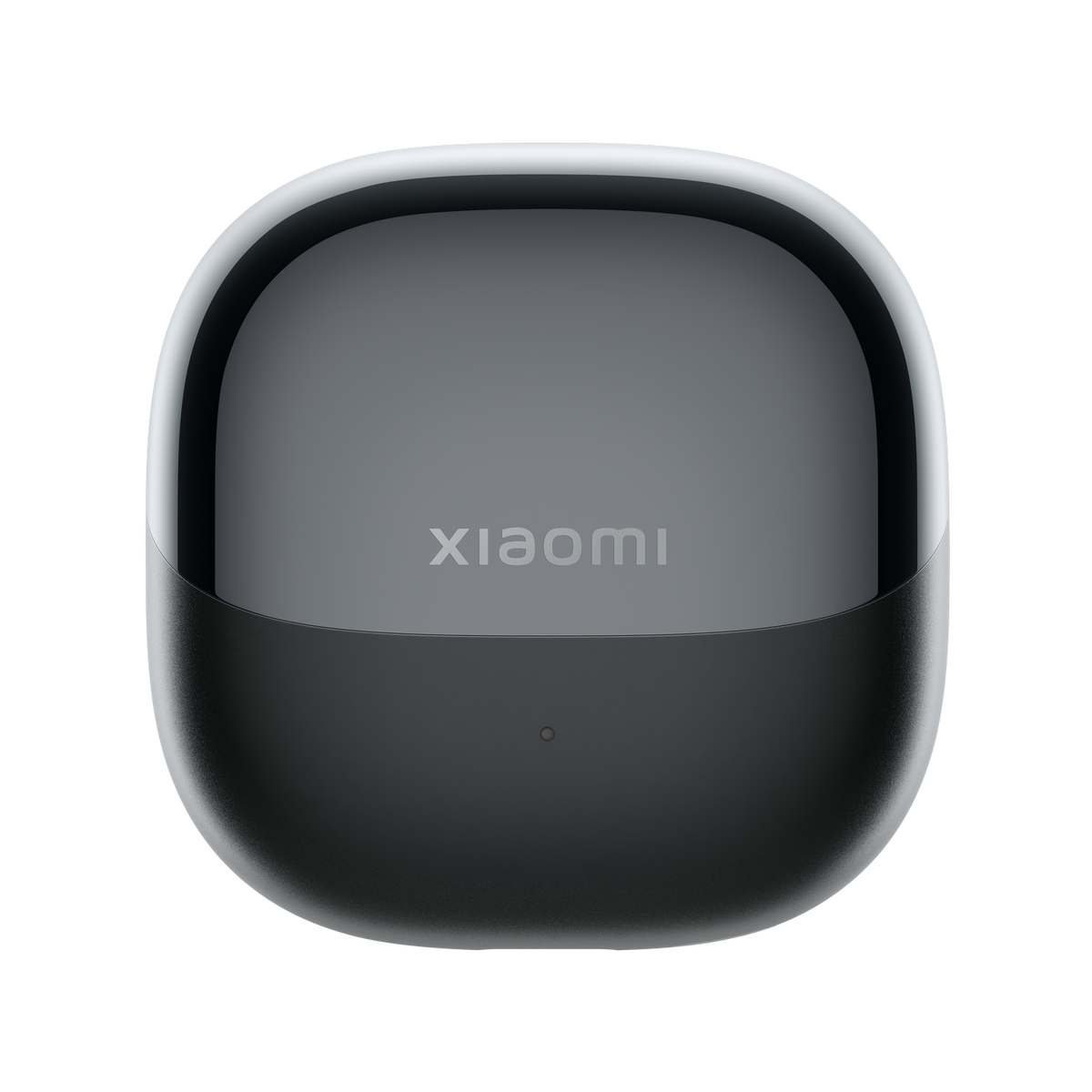 Custodia di ricarica grigia con logo Xiaomi su sfondo nero.
