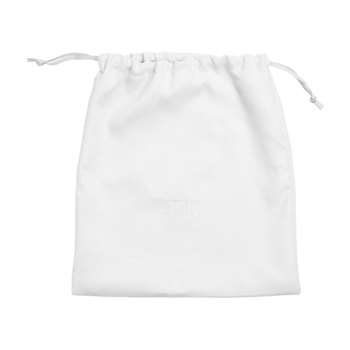 Una borsa bianca con coulisse e logo JBL in rilievo.