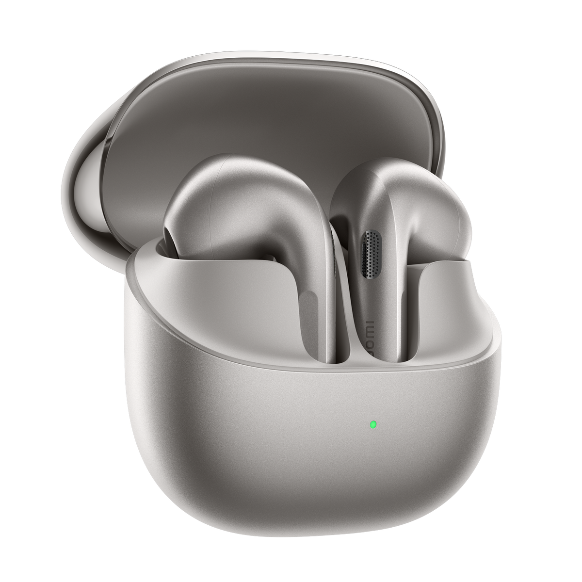 Auriculares inalámbricos plateados en un estuche de carga abierto con luz verde.