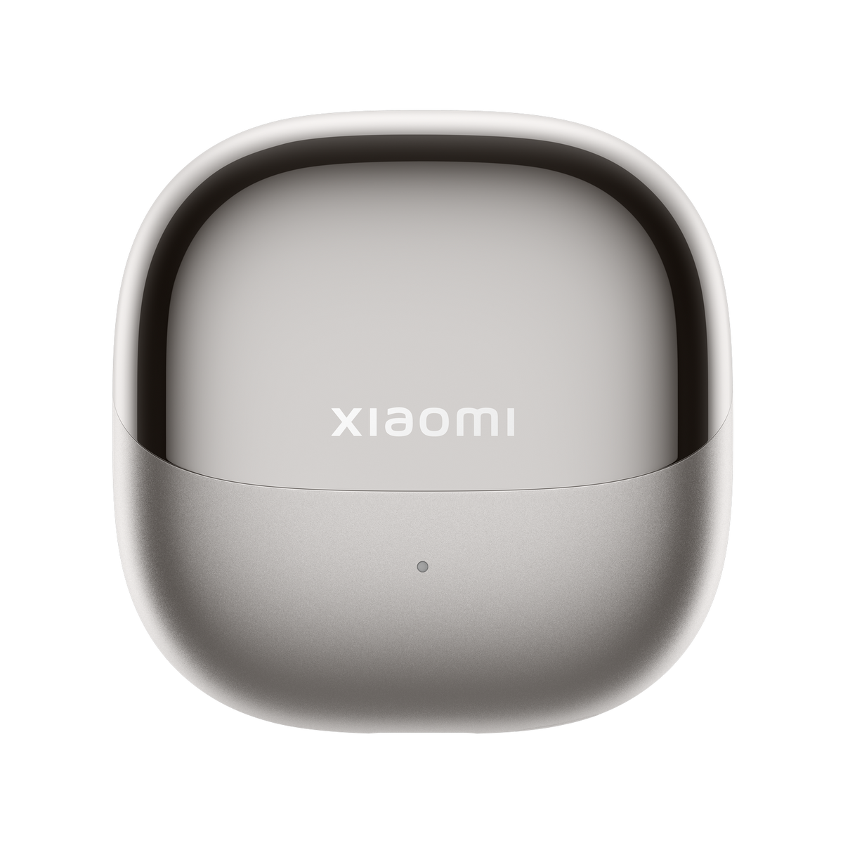 Un estuche de carga Xiaomi plateado con parte superior brillante y base mate.