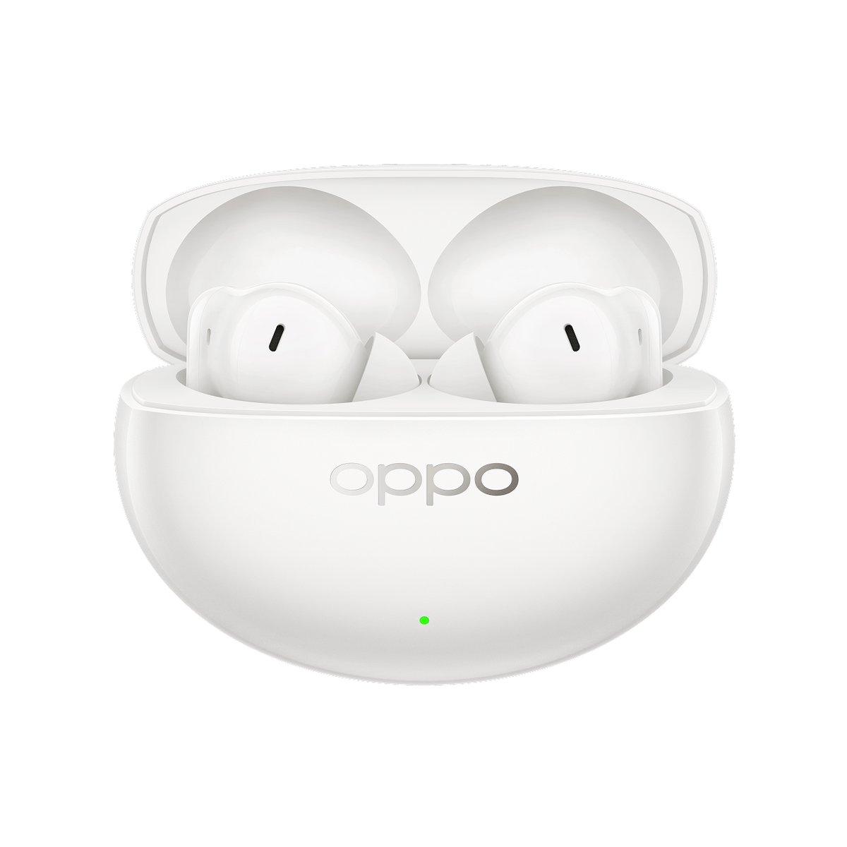 Auricolari OPPO bianchi in una custodia di ricarica aperta con luce verde.