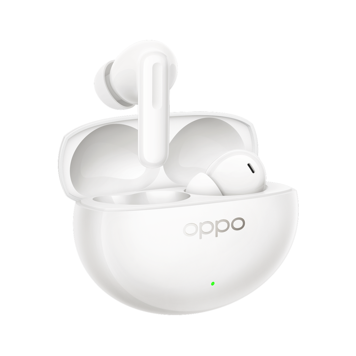 Auricolari Oppo bianchi con custodia di ricarica aperta e LED verde.