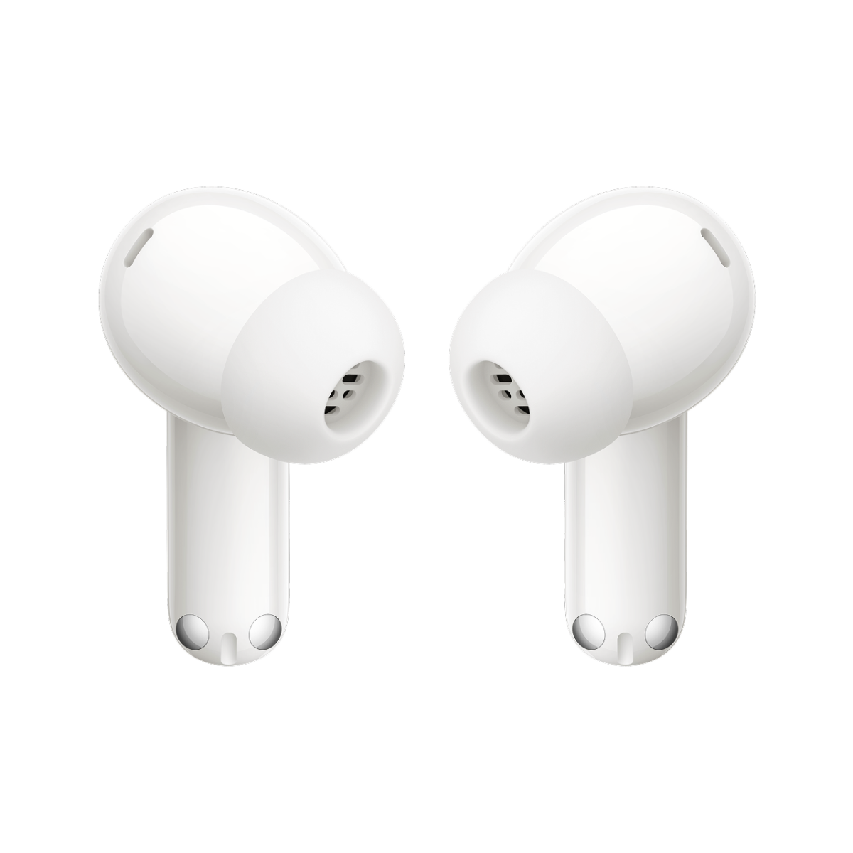 Due auricolari wireless bianchi con griglie nere e accenti argentati su sfondo nero.
