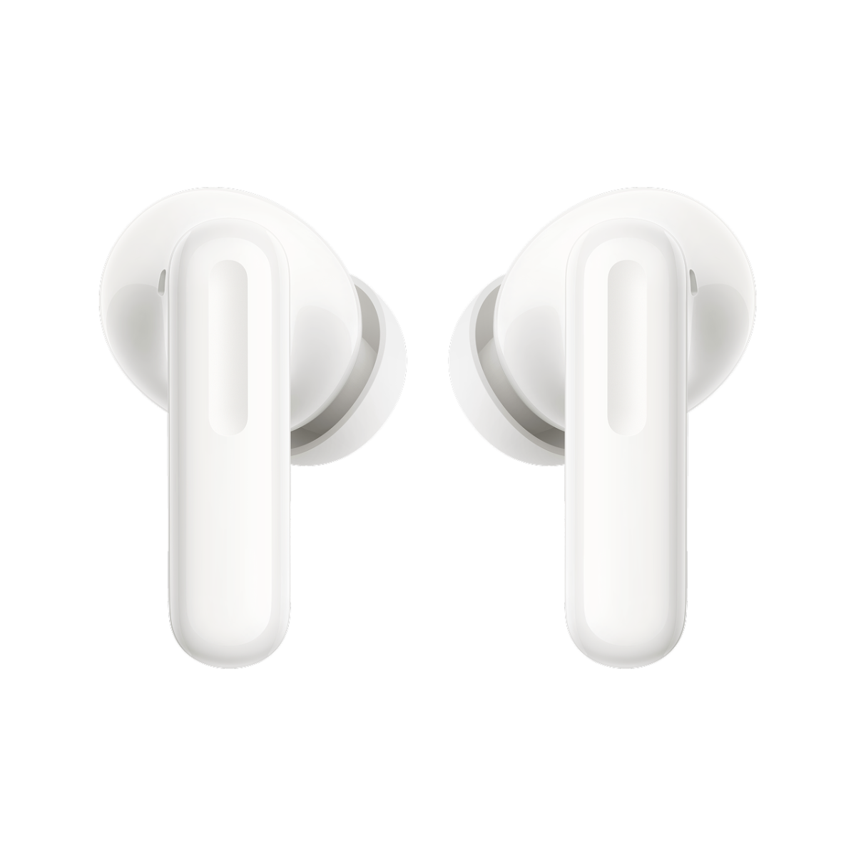 Due auricolari wireless bianchi con stelo su sfondo nero.