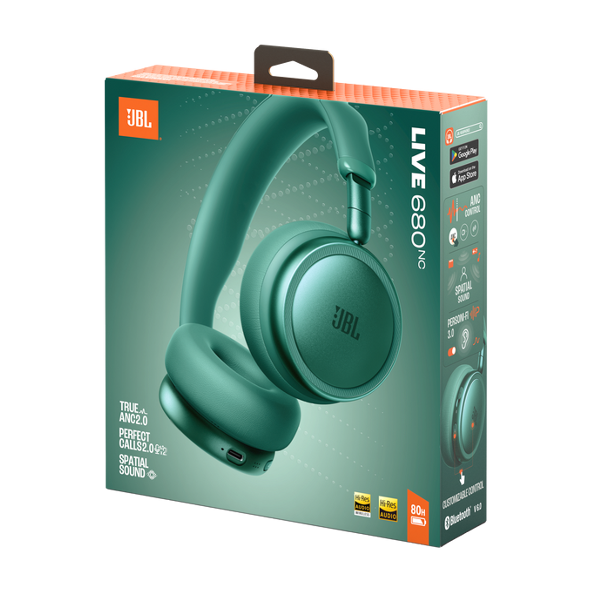 Cuffie JBL LIVE 680NC color verde acqua su scatola con funzioni.