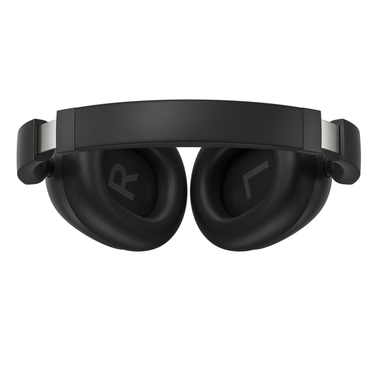 Auriculares negros supraaurales con detalles plateados y marcas R/L.