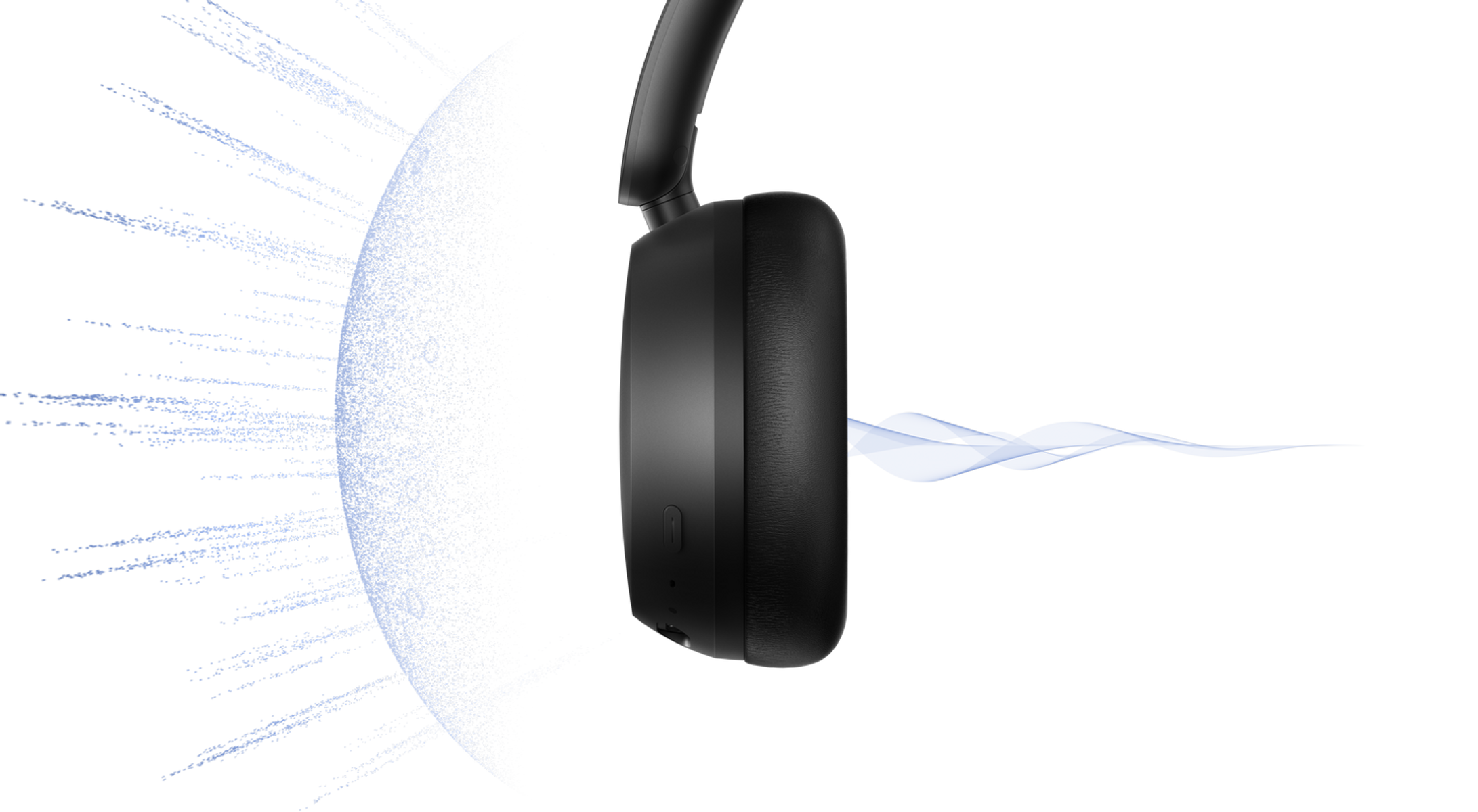 Auriculares negros con lluvia abstracta de partículas azules y ondas.