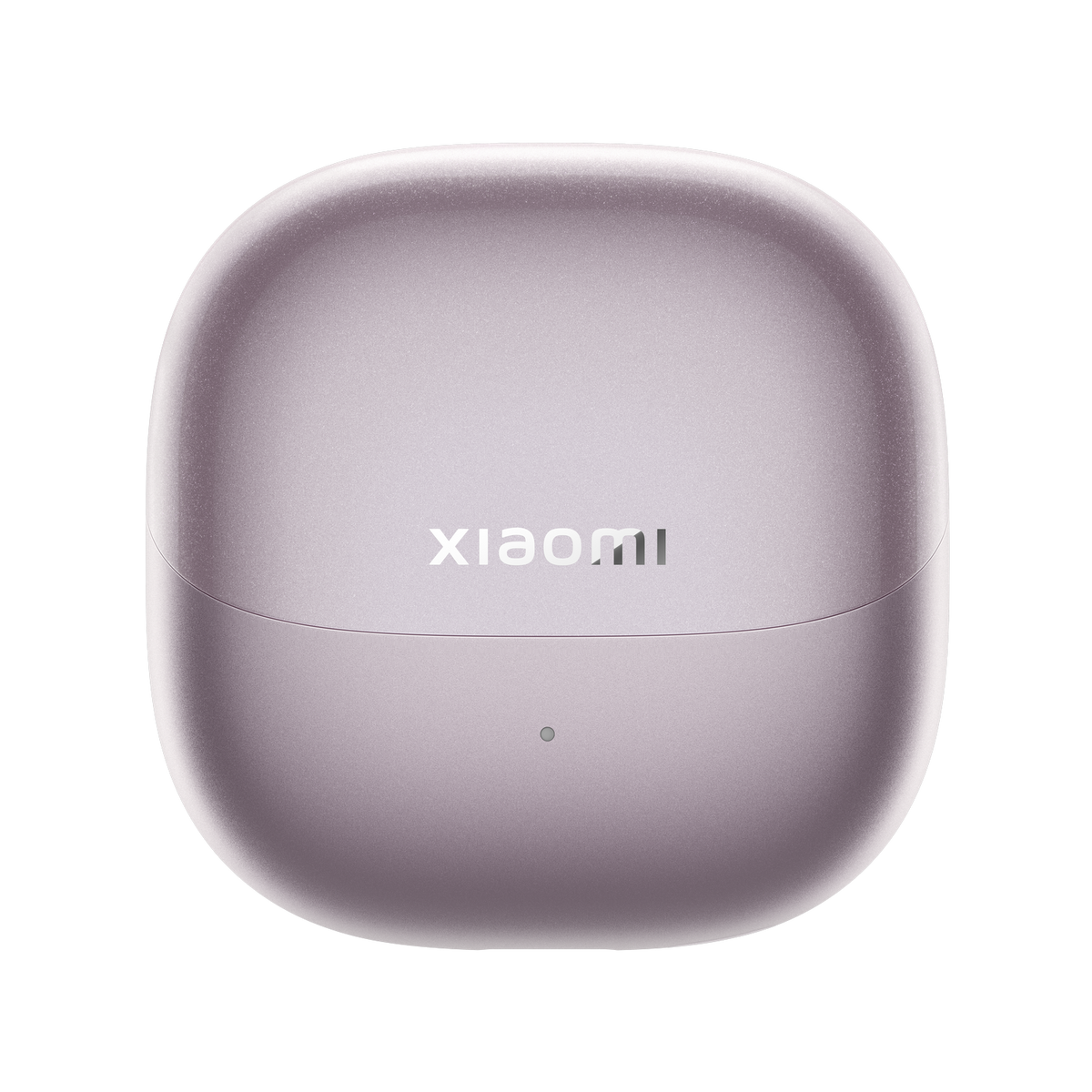 Una custodia di ricarica per auricolari chiusa, color lavanda, con il logo Xiaomi.