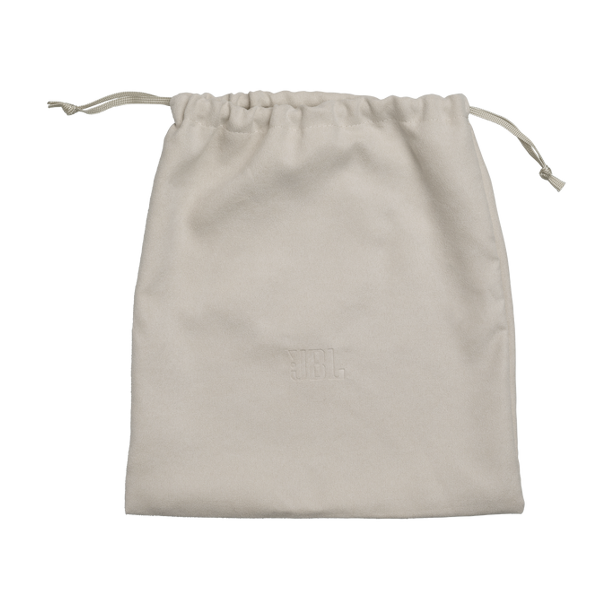 Una pochette grigia chiara con coulisse e logo JBL in rilievo.