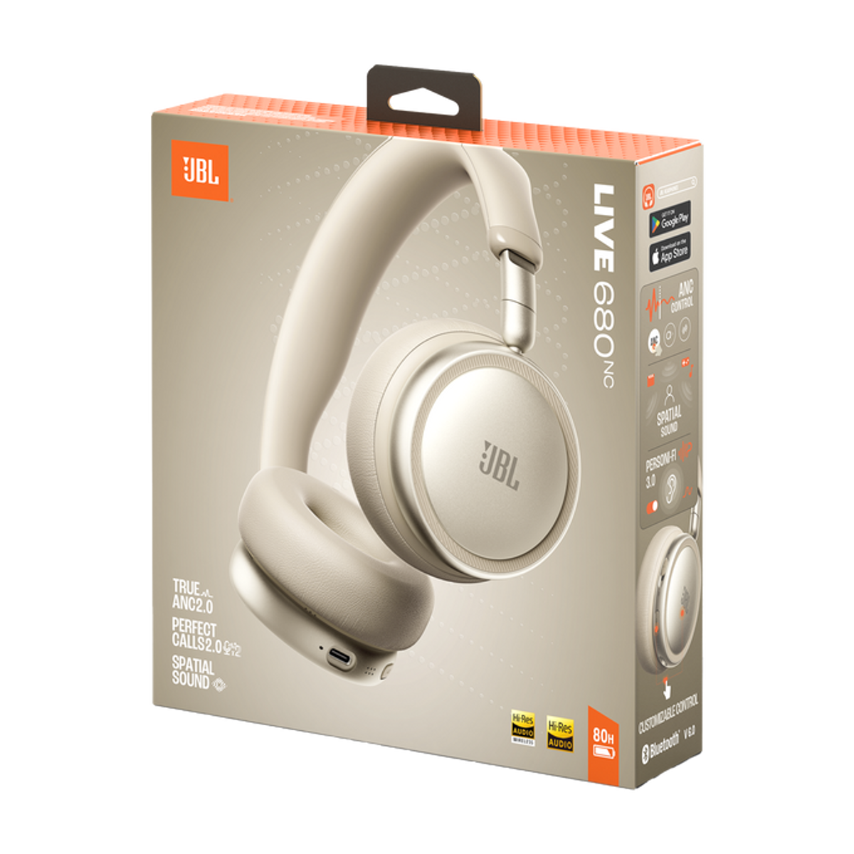 Cuffie JBL Live 680NC beige in scatola, con ANC, Suono Spaziale e batteria 80h.