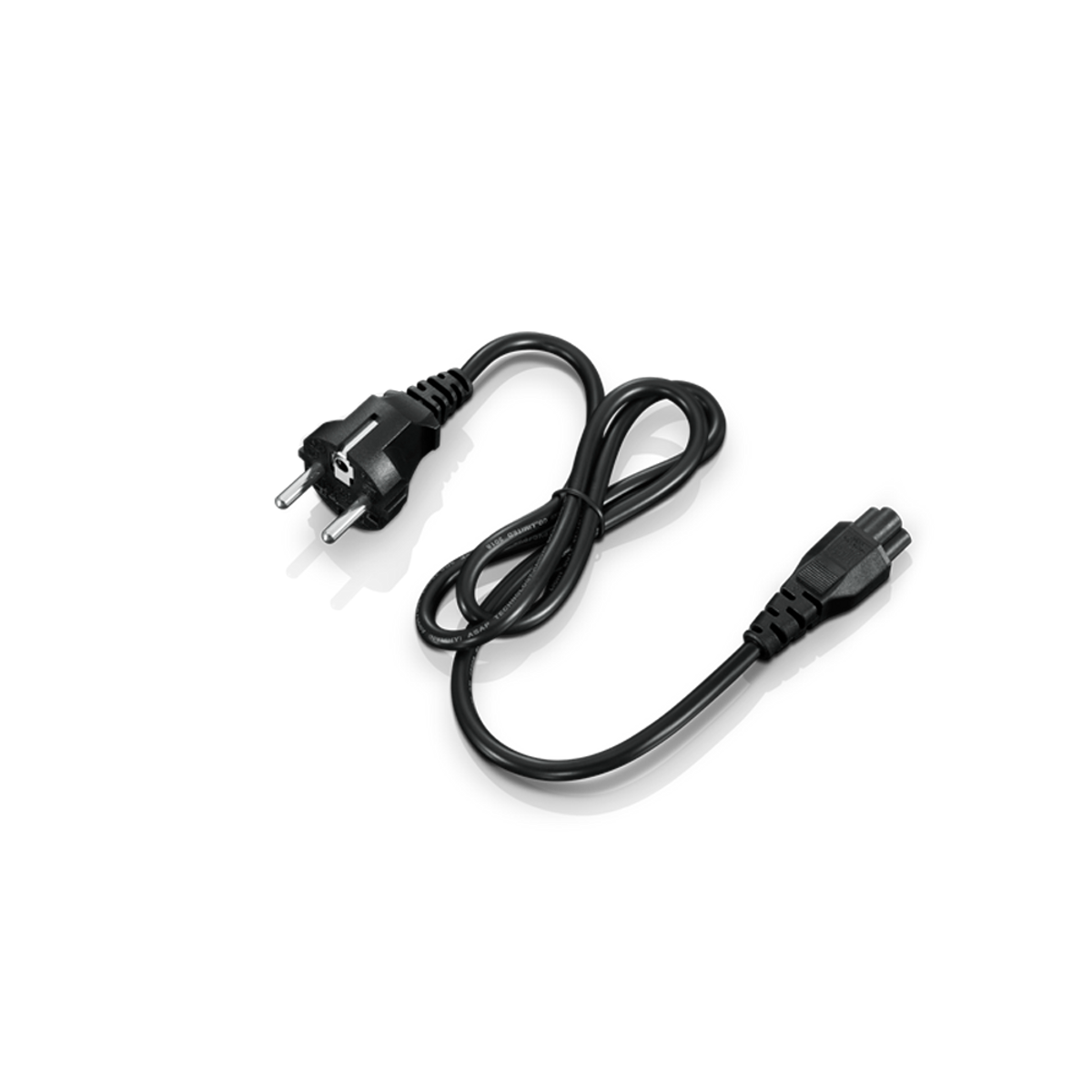Cable de alimentación negro con enchufe europeo y conector rectangular.