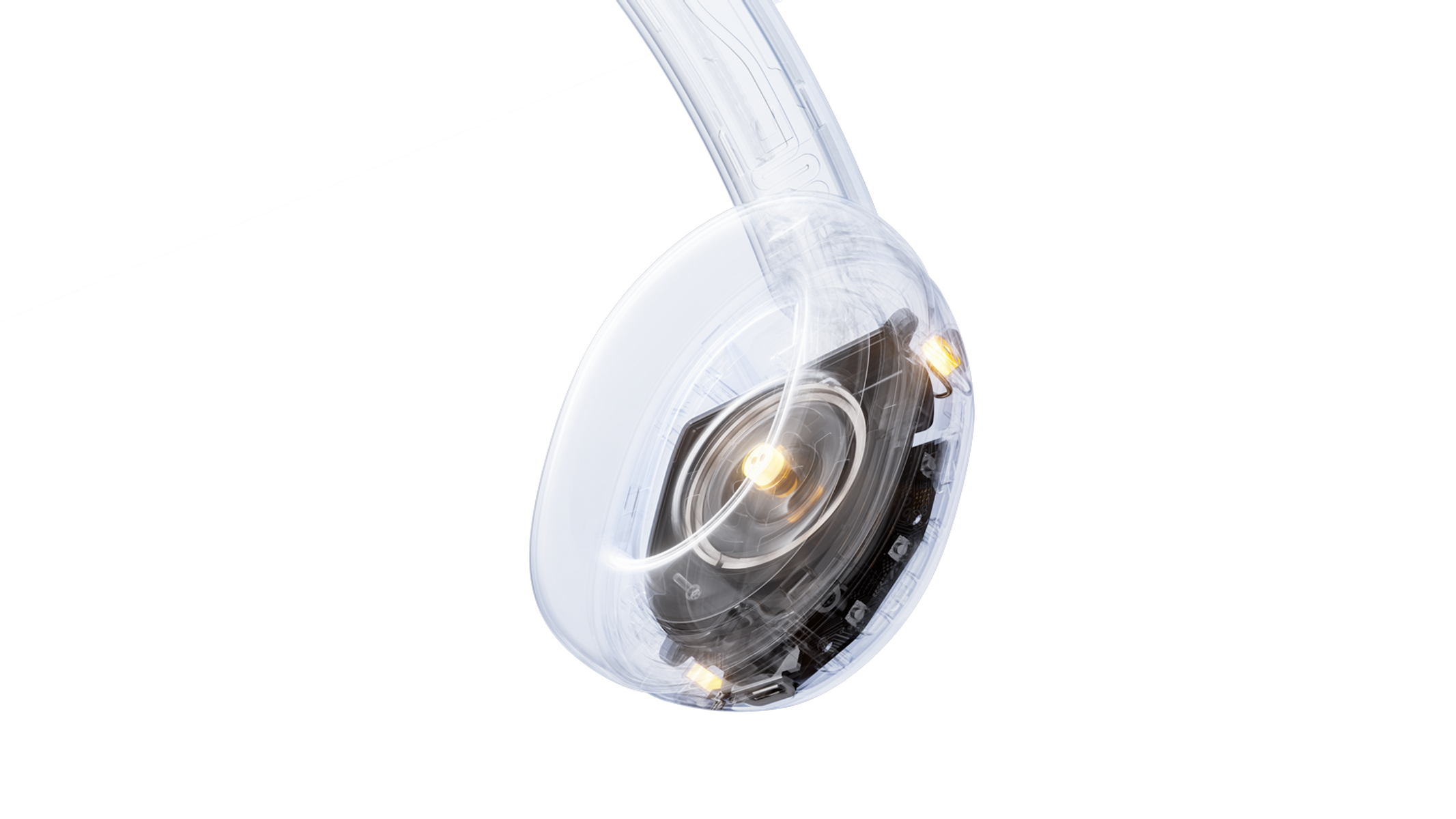 Auriculares blancos transparentes con componentes internos visibles y luces amarillas.