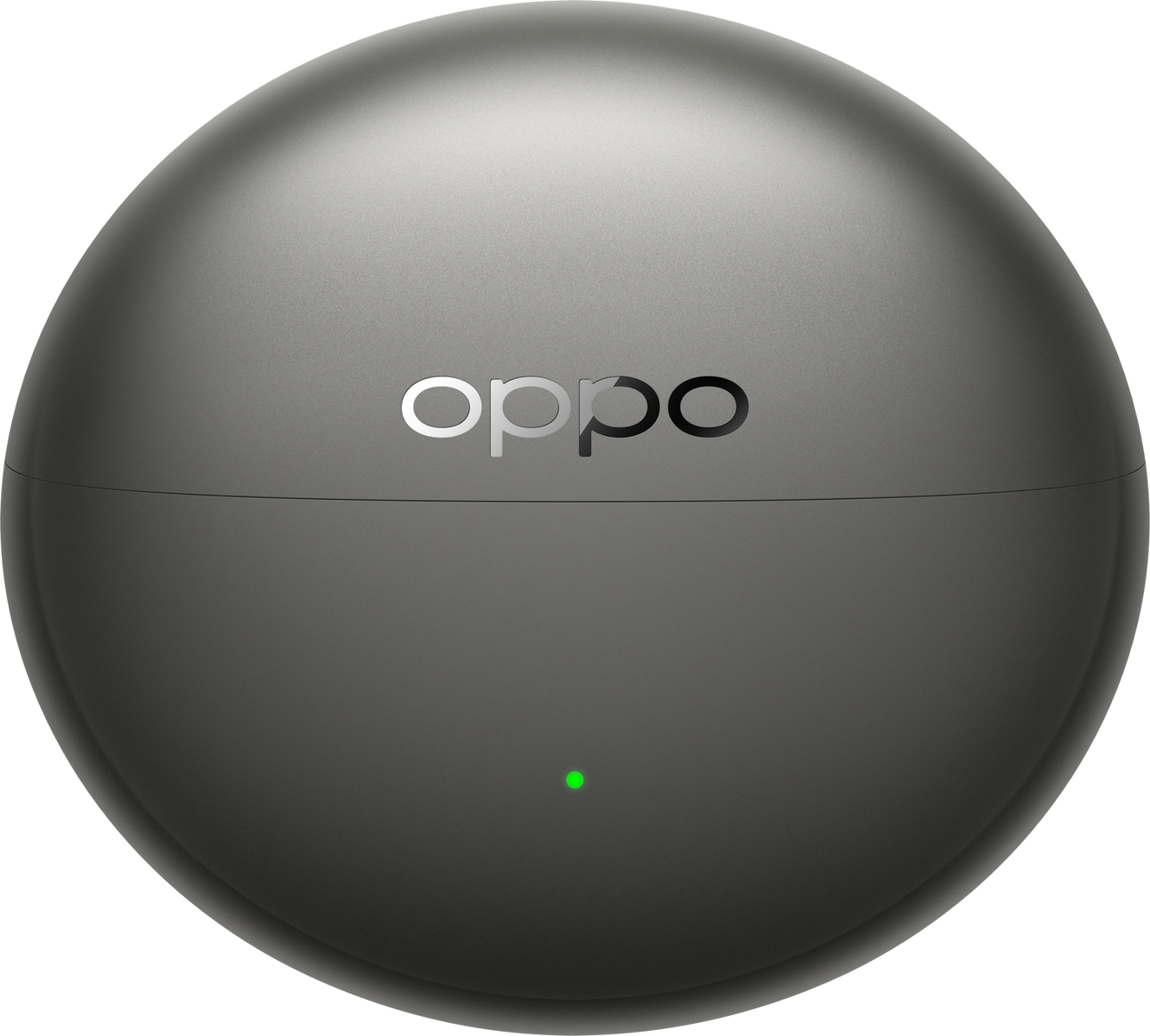 Una custodia di ricarica OPPO grigia e sferica con una luce verde.