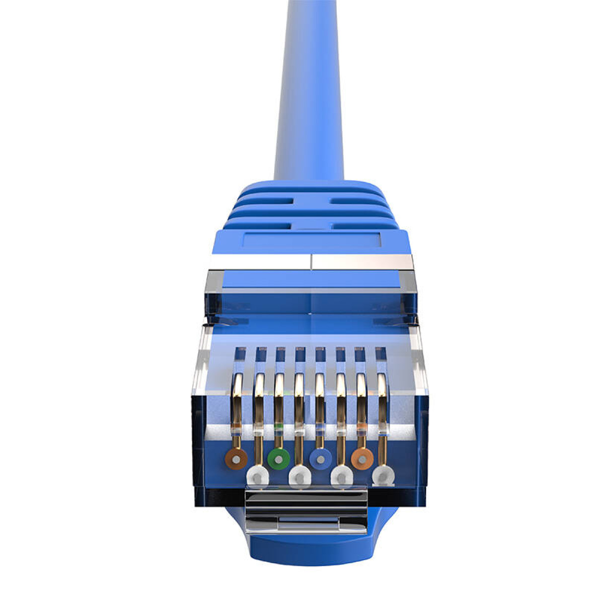 Mavi ethernet konektörü, açıkta kalan teller ve renkli işaretleyiciler.