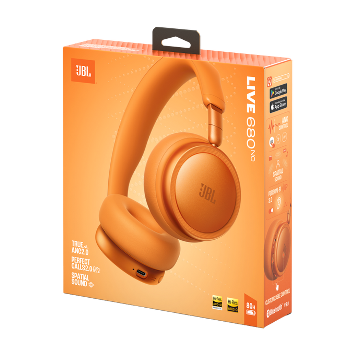 Cuffie JBL arancioni in scatola con ANC, Suono Spaziale e 80h di batteria.