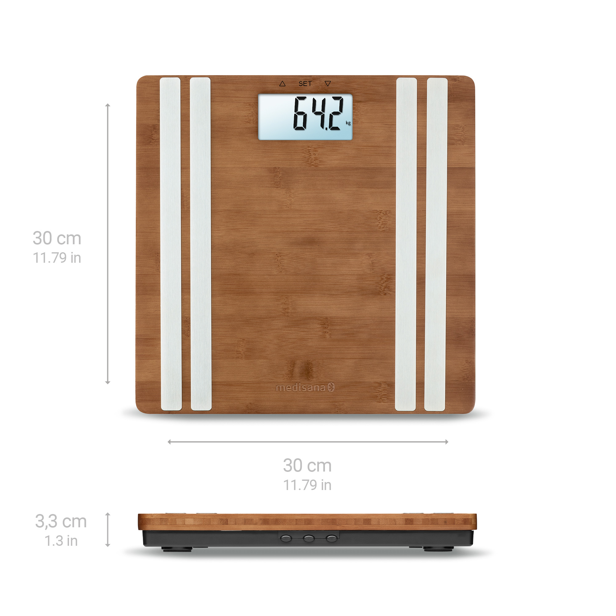 Cyfrowa waga bambusowa z srebrnymi paskami i wyświetlaczem LCD. 64.2 kg. 30x30cm.