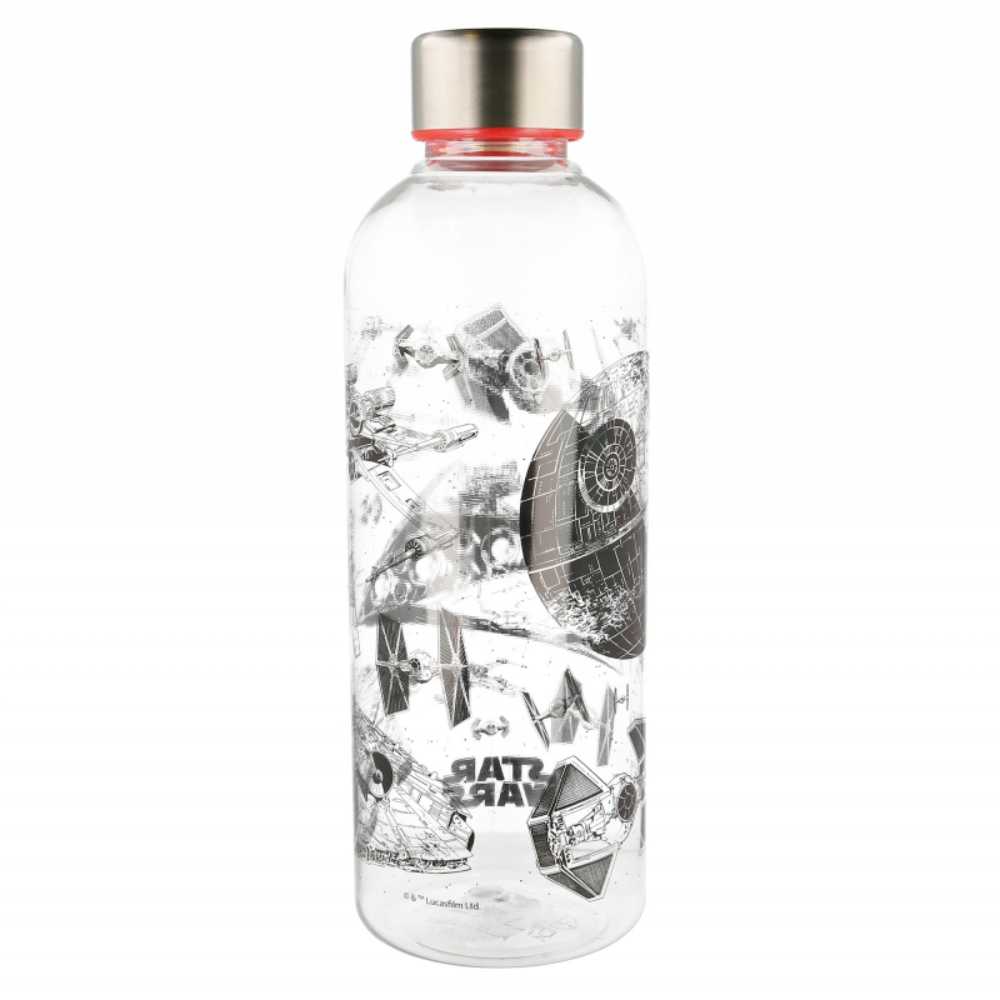 Botella de vidrio transparente con diseños de naves de Star Wars y la Estrella de la Muerte.