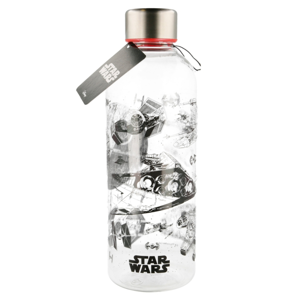 Botella transparente con estampado de naves de Star Wars y tapa plateada.
