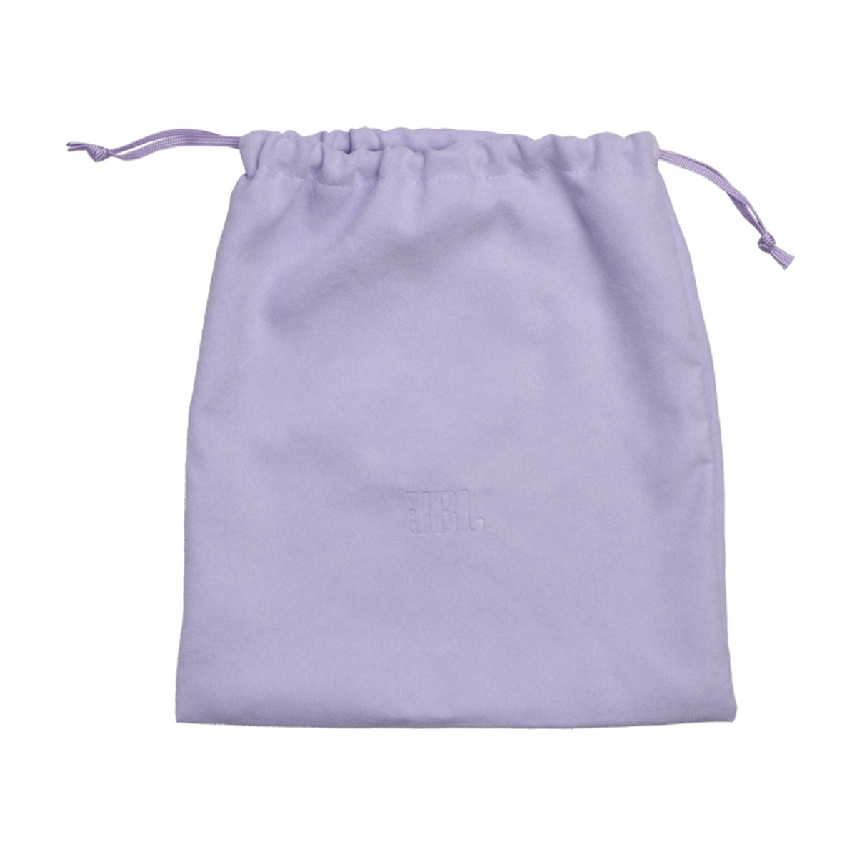Una bolsa de cordón morada clara con el logo de JBL en relieve.