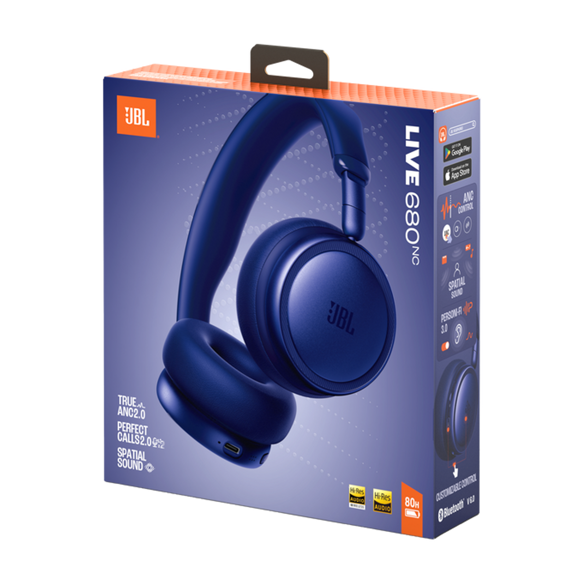 Confezione cuffie JBL, blu scuro con gancio arancione.