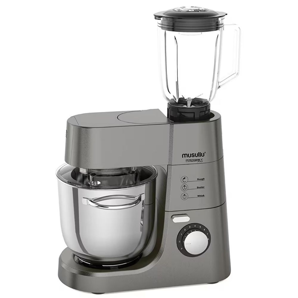 Blender aparatı ve paslanmaz çelik haznesi olan gri çok fonksiyonlu mutfak mikseri.