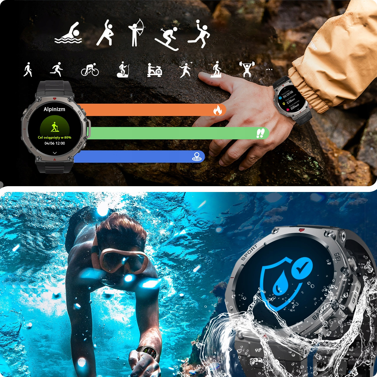 Dłoń nosi smartwatch z ikonami sportowymi i paskami postępu.