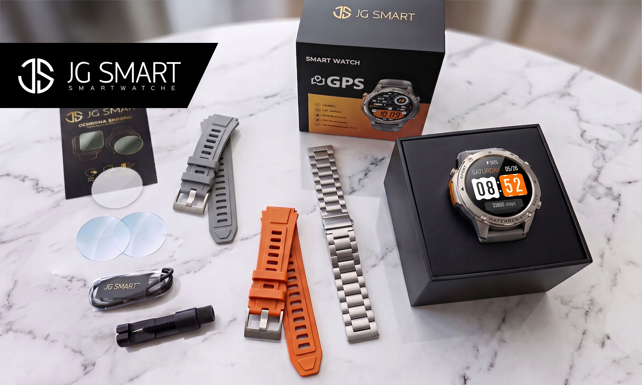 Smartwatch z akcesoriami: paski, folie ochronne, kabel ładujący i narzędzie.