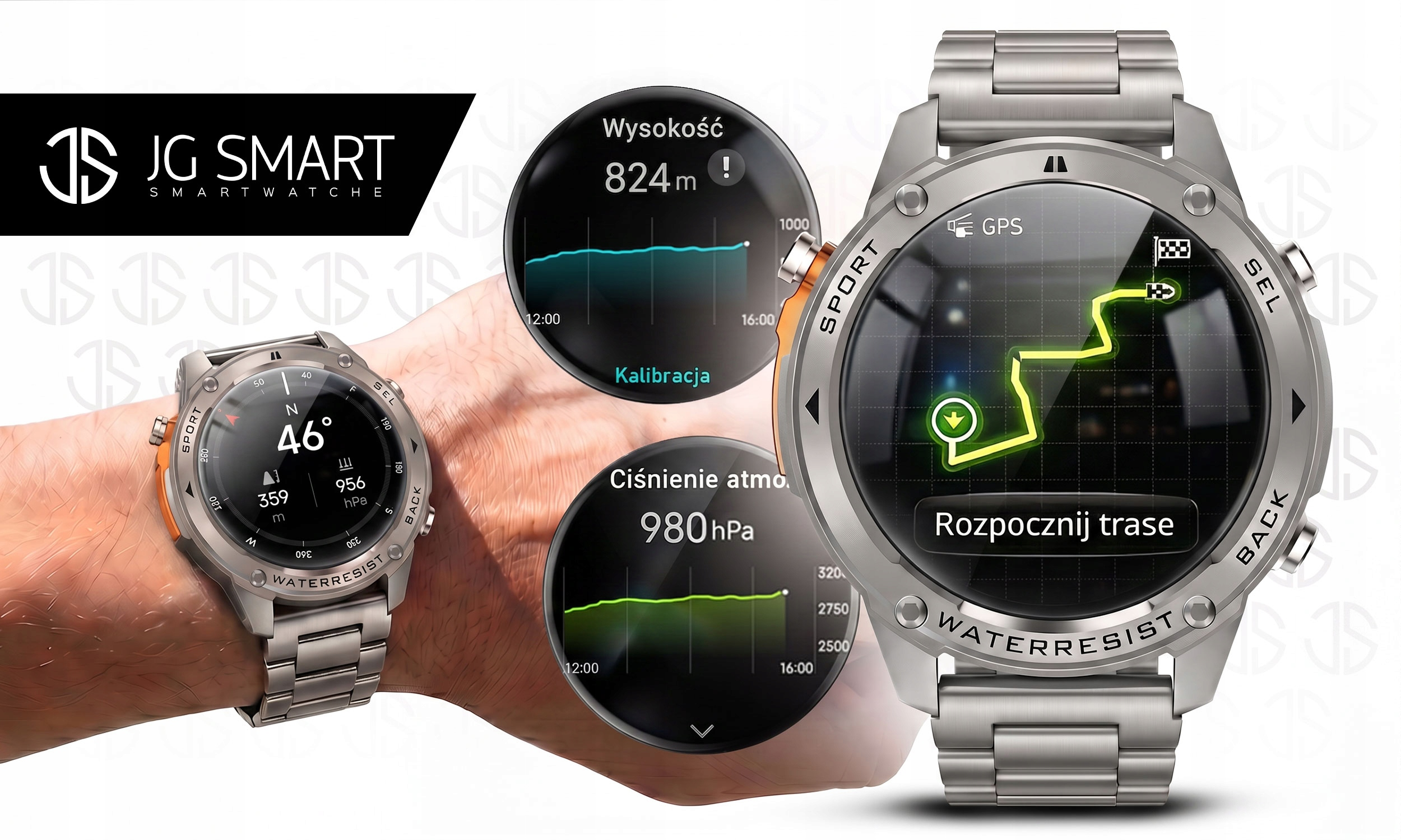 Srebrny smartwatch na nadgarstku wyświetla wykresy wysokości, ciśnienia i trasę GPS.