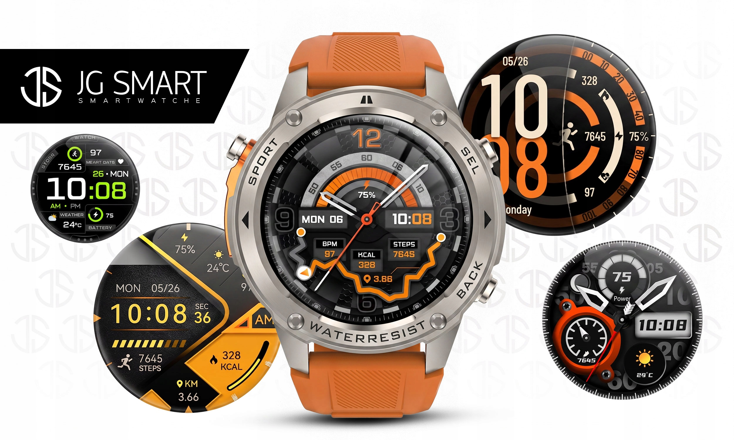 Pomarańczowy smartwatch z wieloma tarczami pokazującymi godzinę, datę, kroki i pogodę.