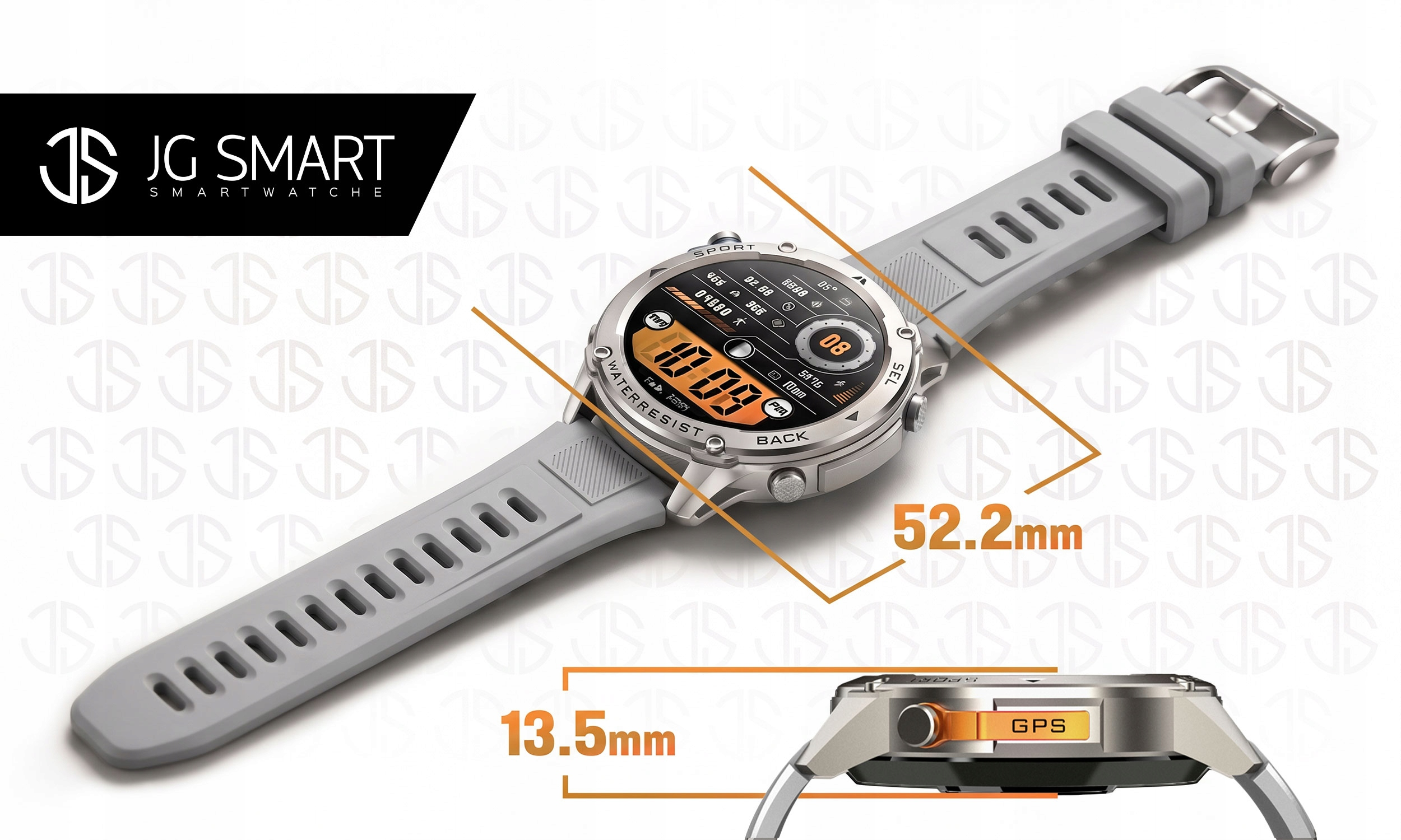 Zegarek JG Smart z szarym paskiem. Wymiary 52,2 mm i 13,5 mm.