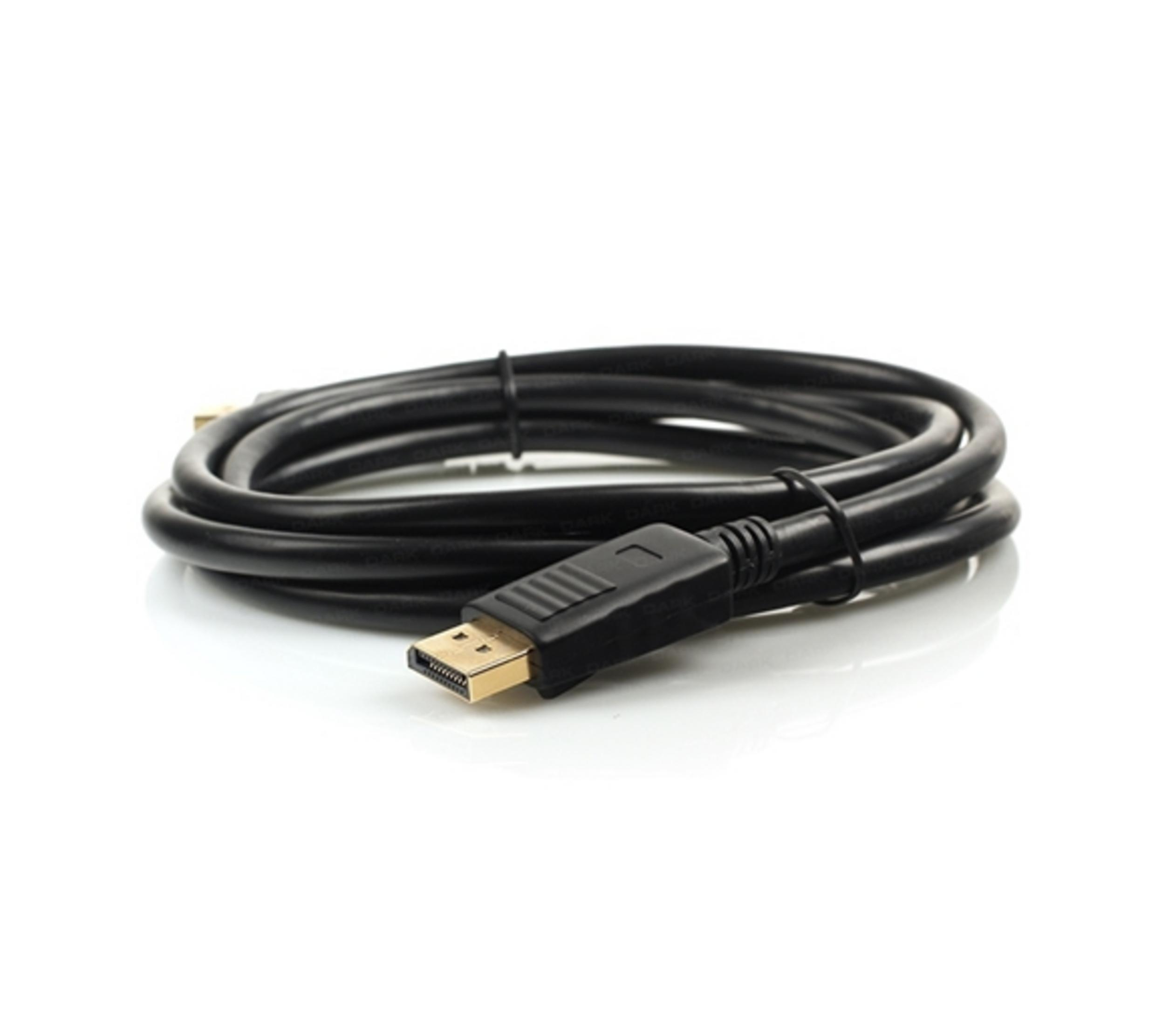 Bir konektörlü, sarılmış siyah DisplayPort kablosu.