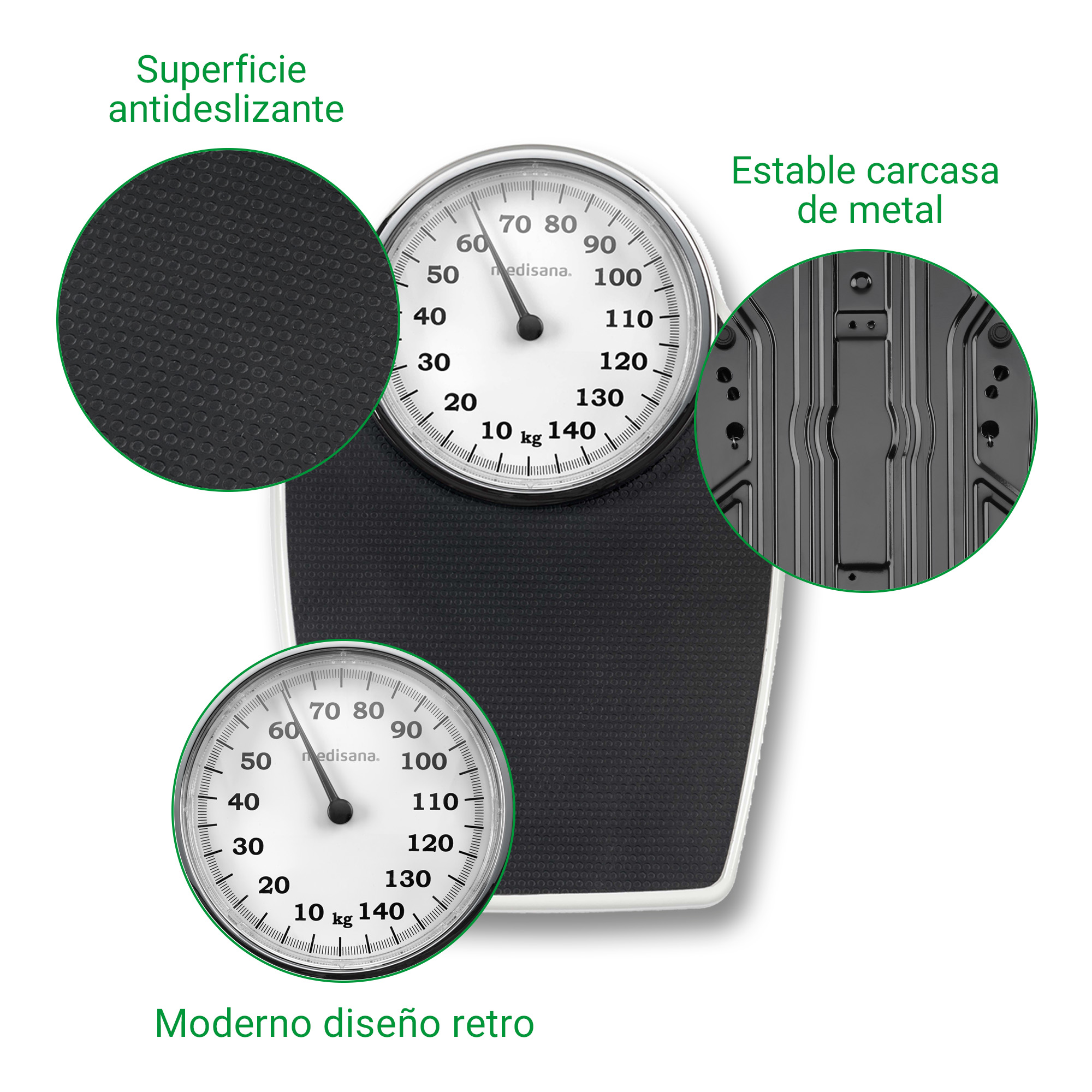 Une balance analogique noire avec deux cadrans, montrant des gros plans de sa surface antidérapante et de son boîtier métallique.