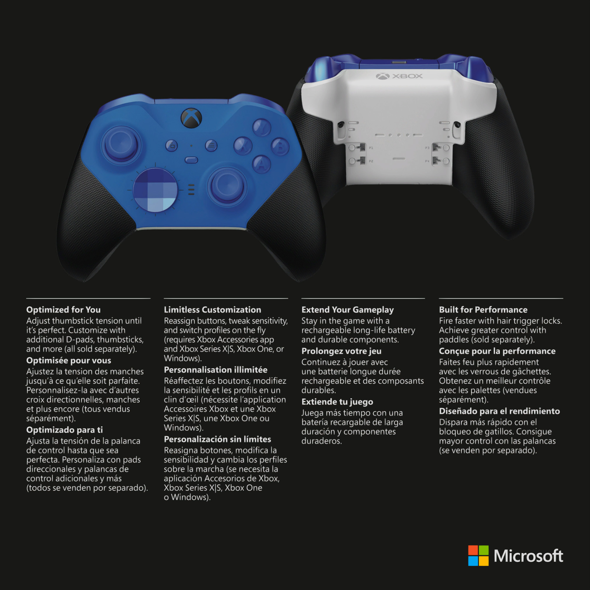 Un controlador azul de Xbox descansa junto a un controlador de Xbox blanco y azul.