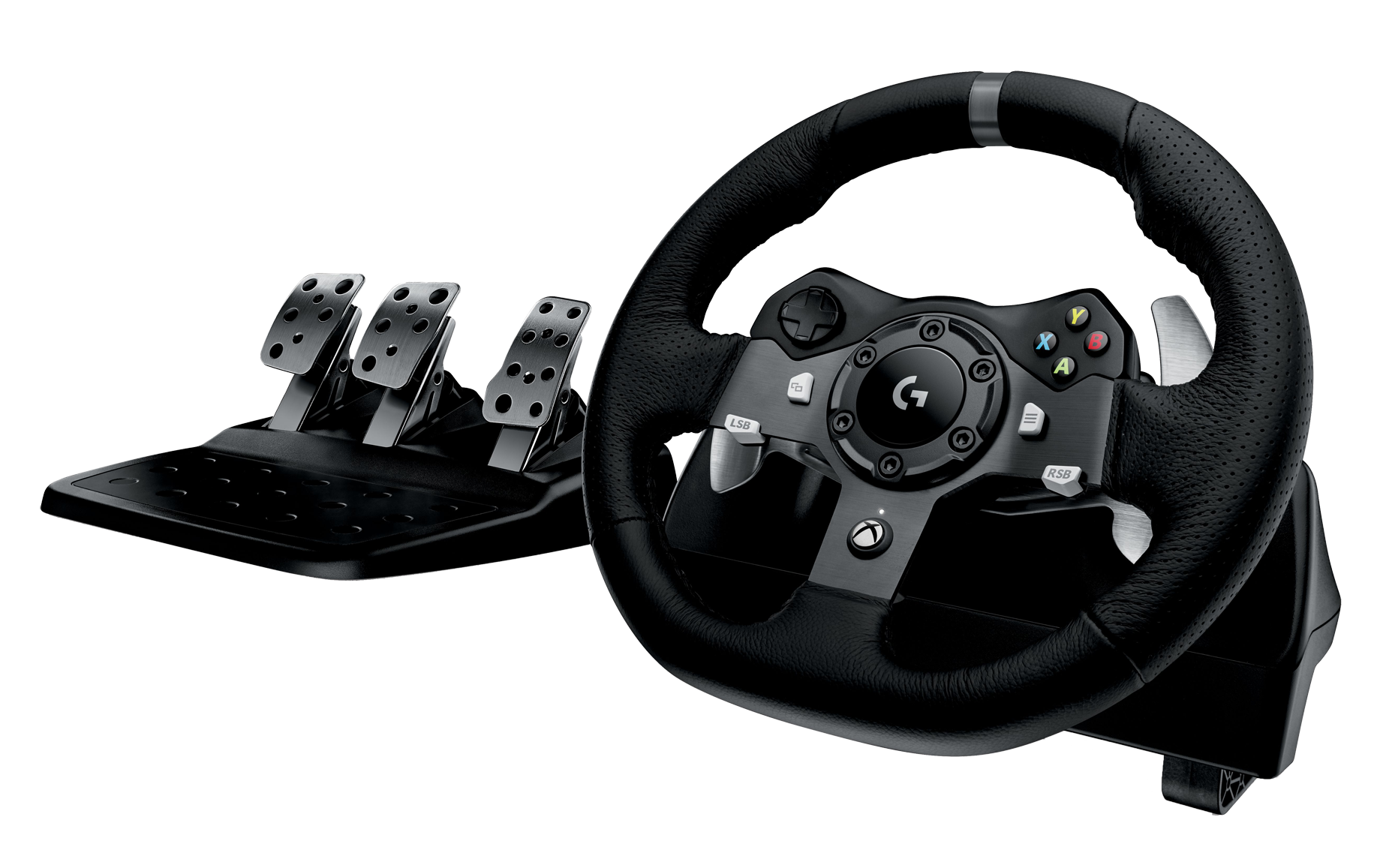 Ein schwarzes Logitech-Rennlenkrad und Pedalset auf schwarzem Hintergrund.
