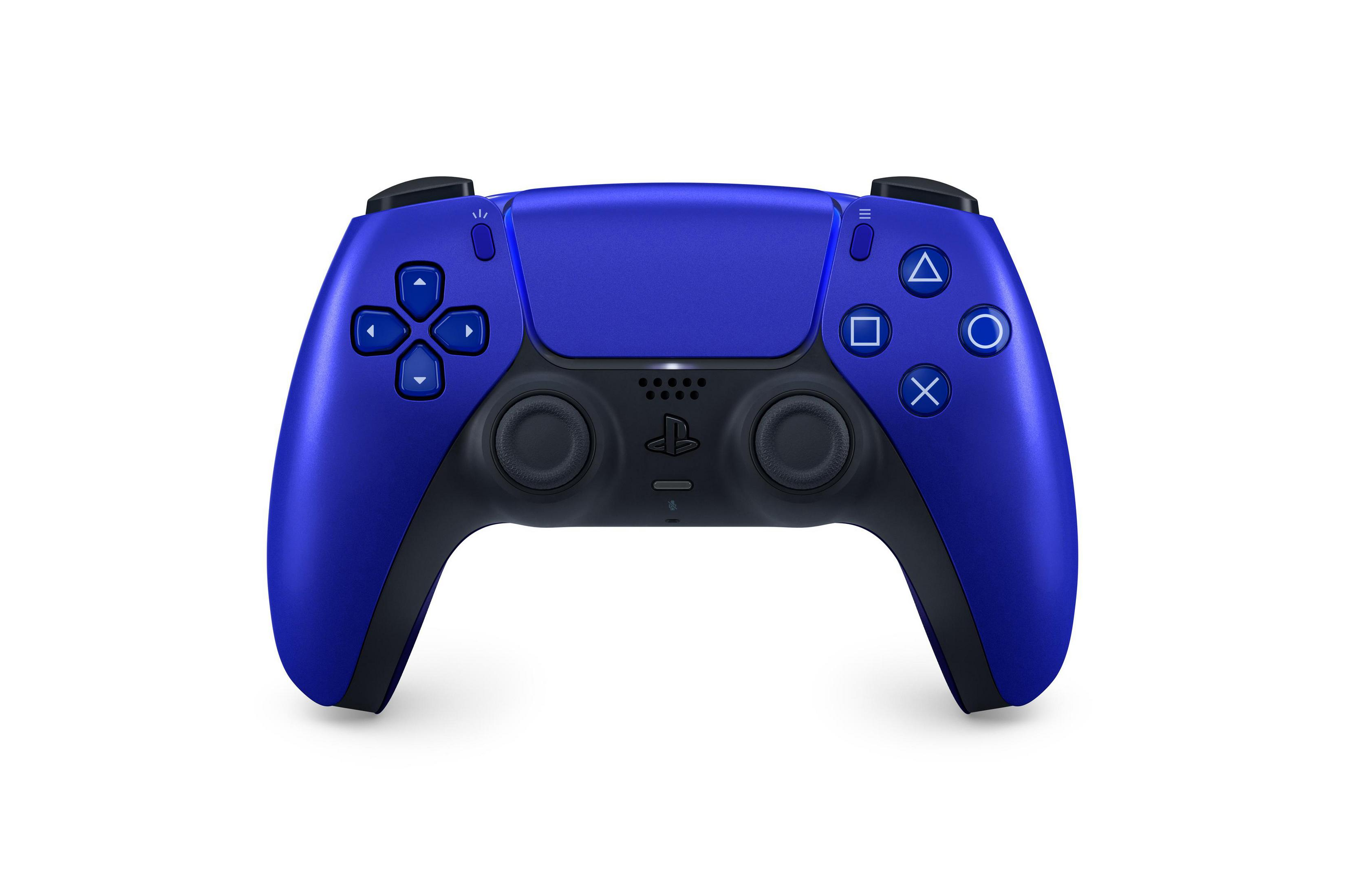 Ein blauer PlayStation 5 Controller mit schwarzen Akzenten und Tasten.