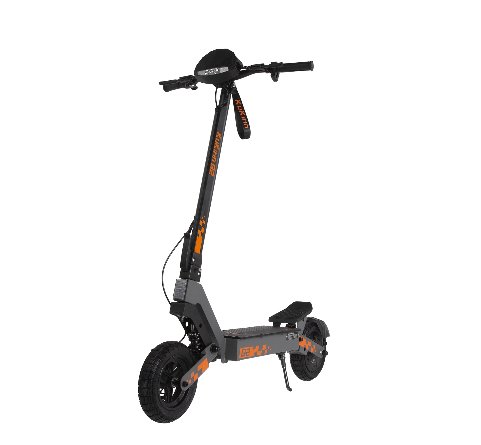 Patinete eléctrico gris con detalles naranjas y ruedas anchas.