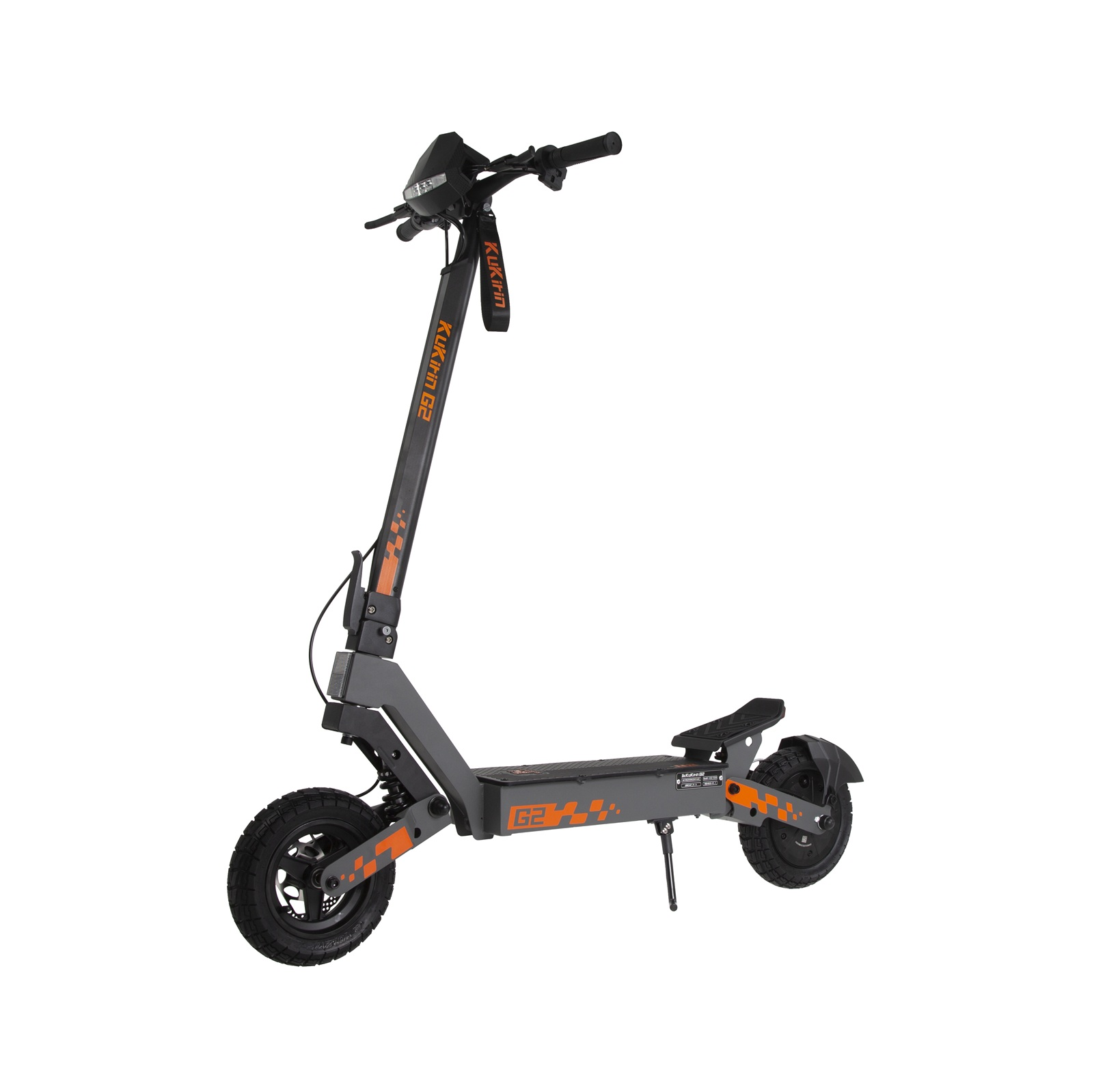 Patinete eléctrico gris con detalles naranjas y la marca KUKIRIN G2.