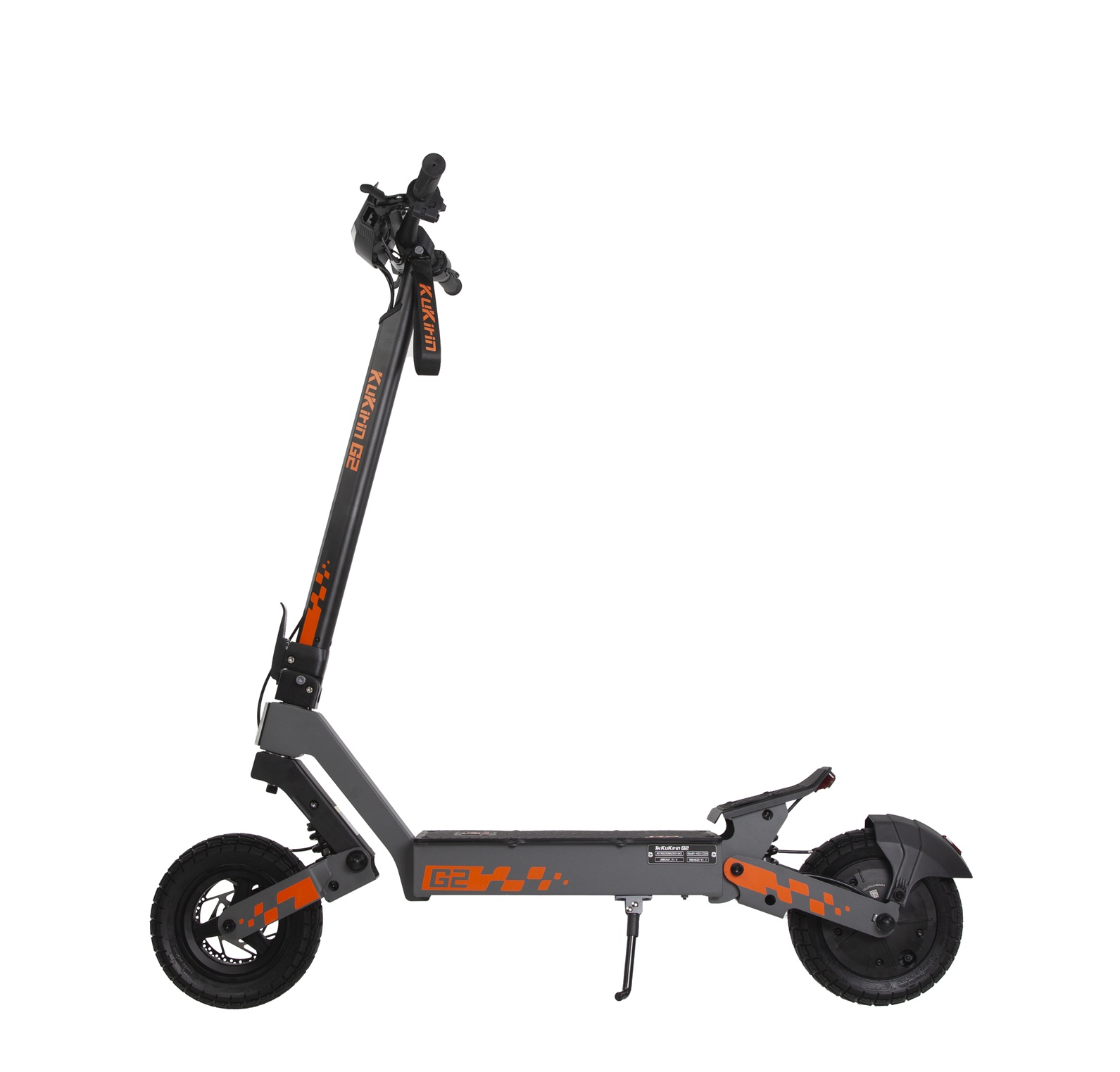 Un patinete eléctrico gris con detalles naranjas y marca 'Kukirin G2'.