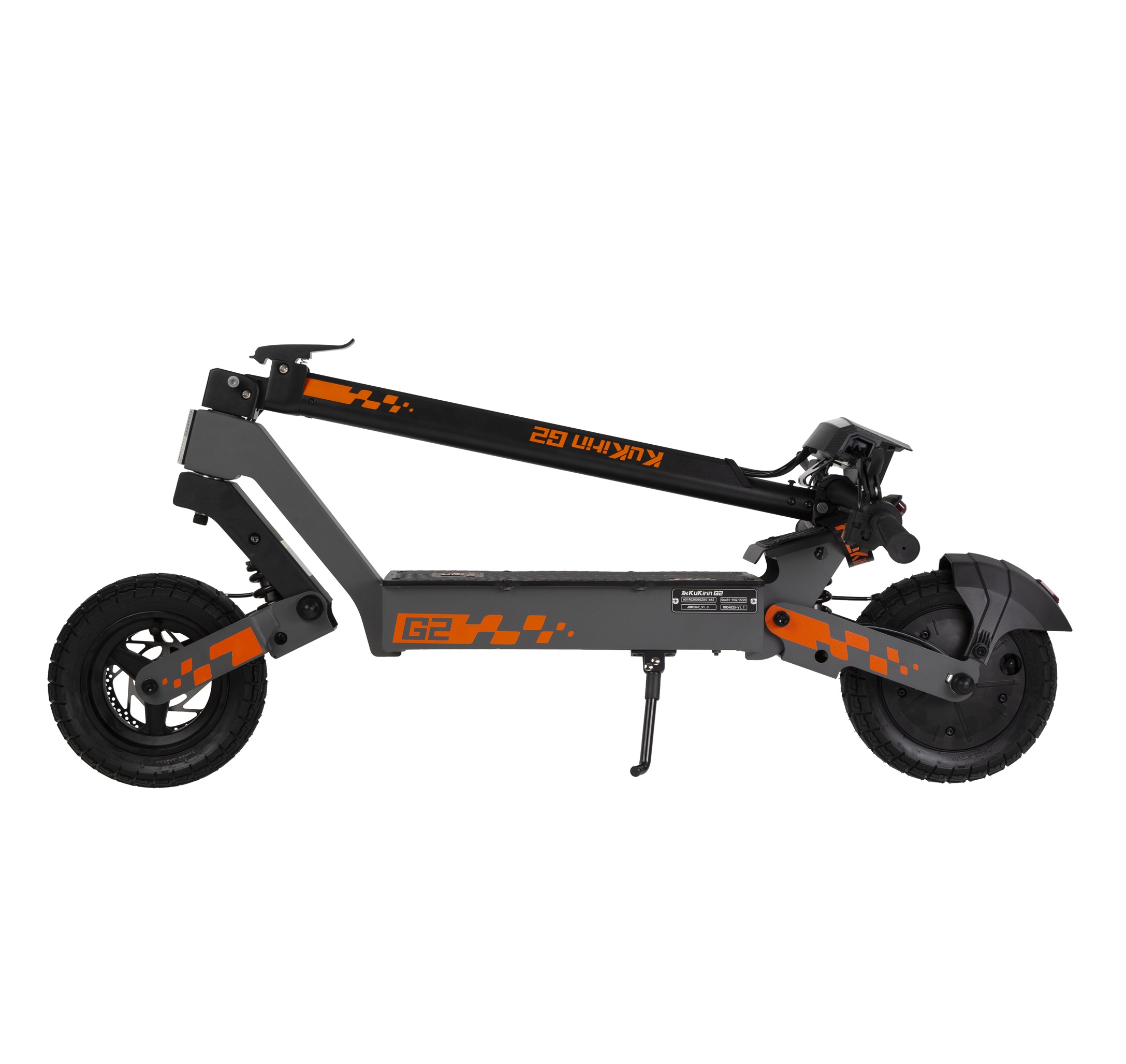 Un patinete eléctrico gris con detalles naranjas y ruedas negras.