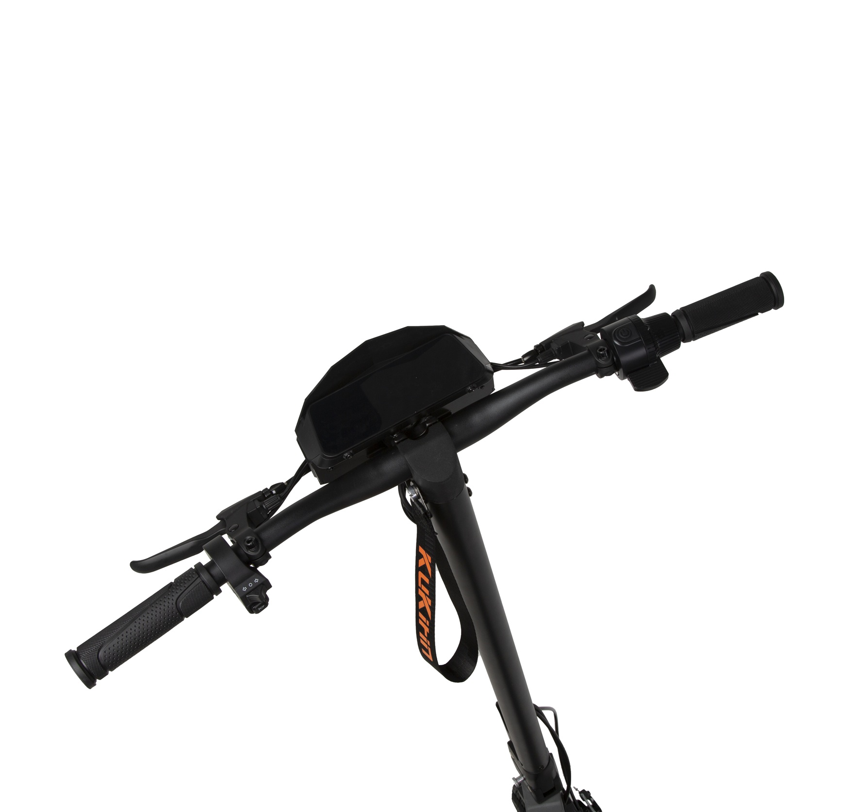 Manillar de patinete eléctrico con pantalla, agarre y freno.