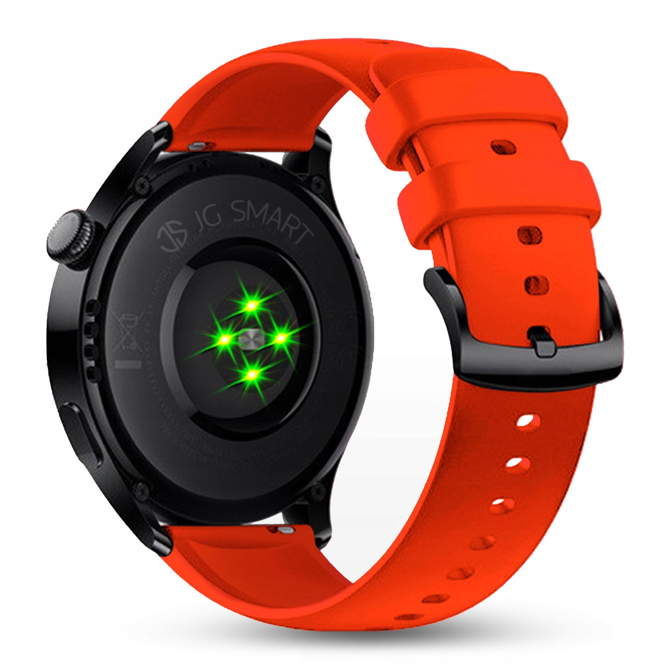 Pomarańczowy smartwatch z czarną obudową, pokazujący zielone pulsujące światła z tyłu.