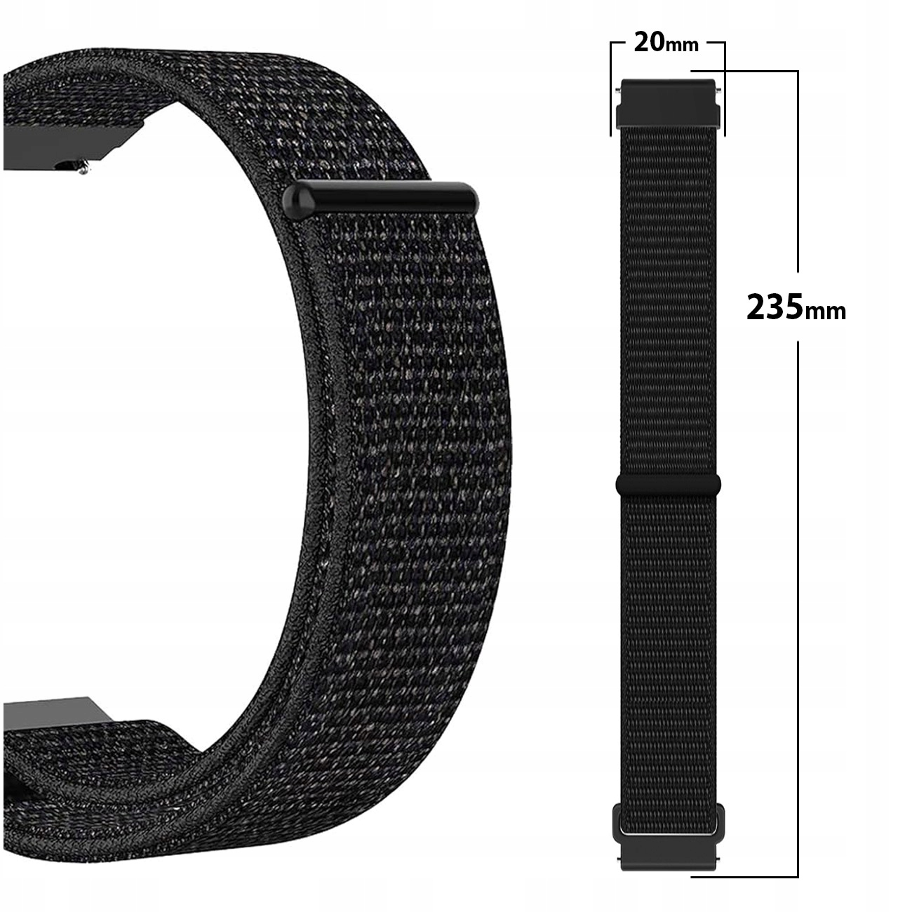 Czarny materiałowy pasek do zegarka, szerokość 20mm, długość 235mm.