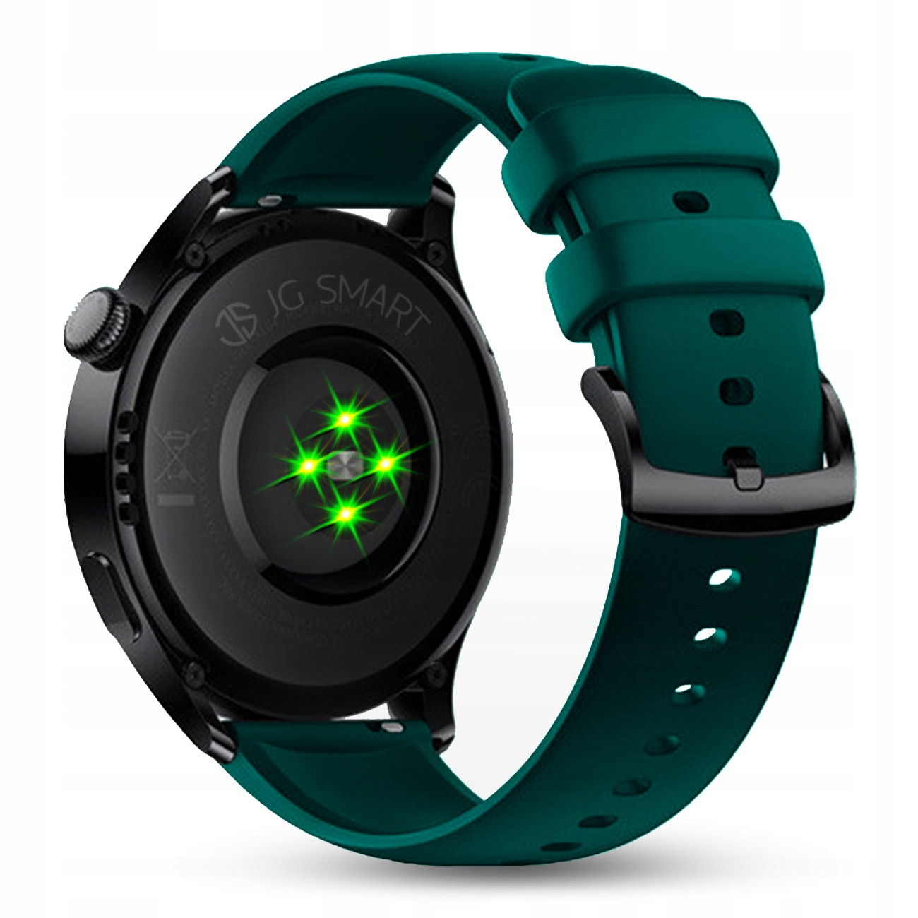 Czarny smartwatch z zielonym paskiem i świecącymi zielonymi czujnikami tętna z tyłu.